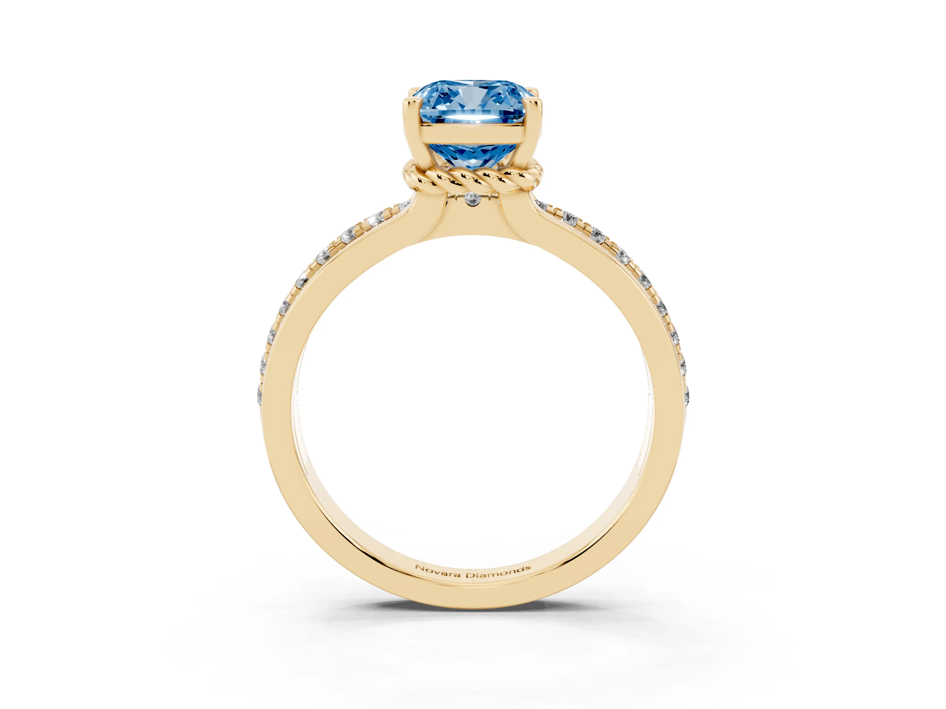 Fancy Blue Cushion Cut Diamond Solitaire Ring Set in Yellow gold with Channel Set Band and Prong Setting