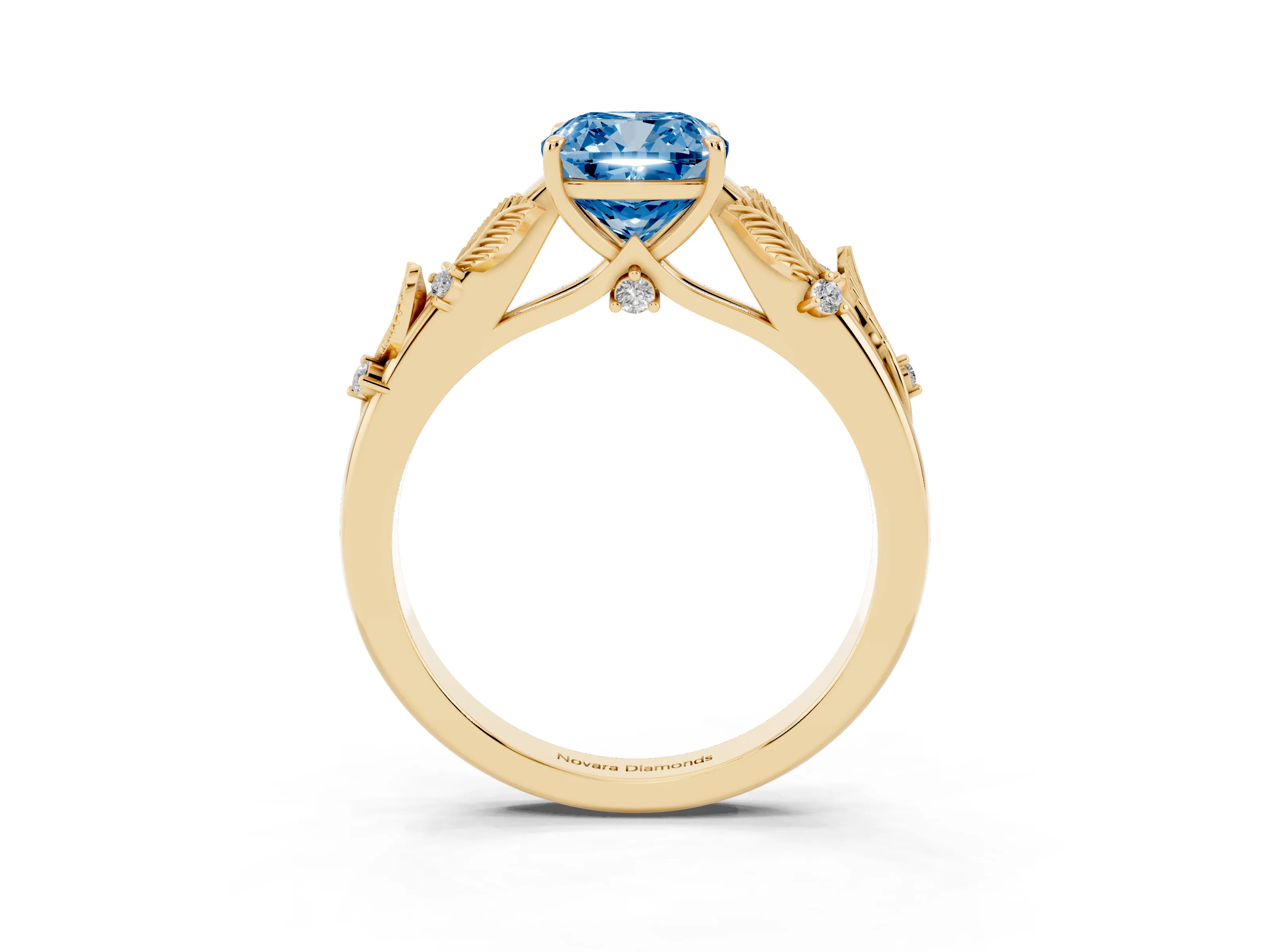 Fancy Blue Cushion Cut Diamond Solitaire Ring Set in Yellow gold with Leaf Motif Band
