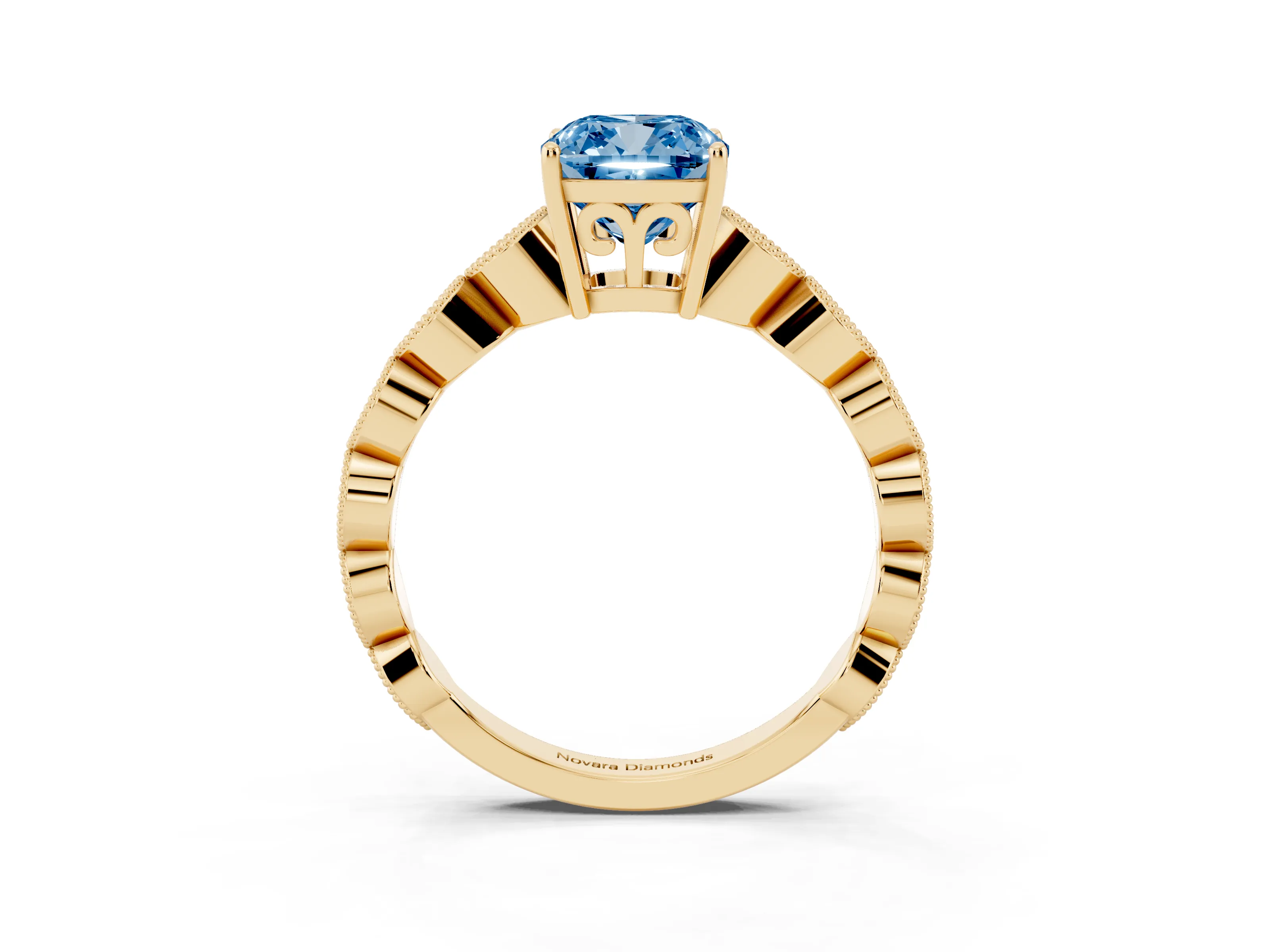 Fancy Blue Cushion Cut Diamond Solitaire Ring Set in Yellow gold with Infinity Twist Pavé Band