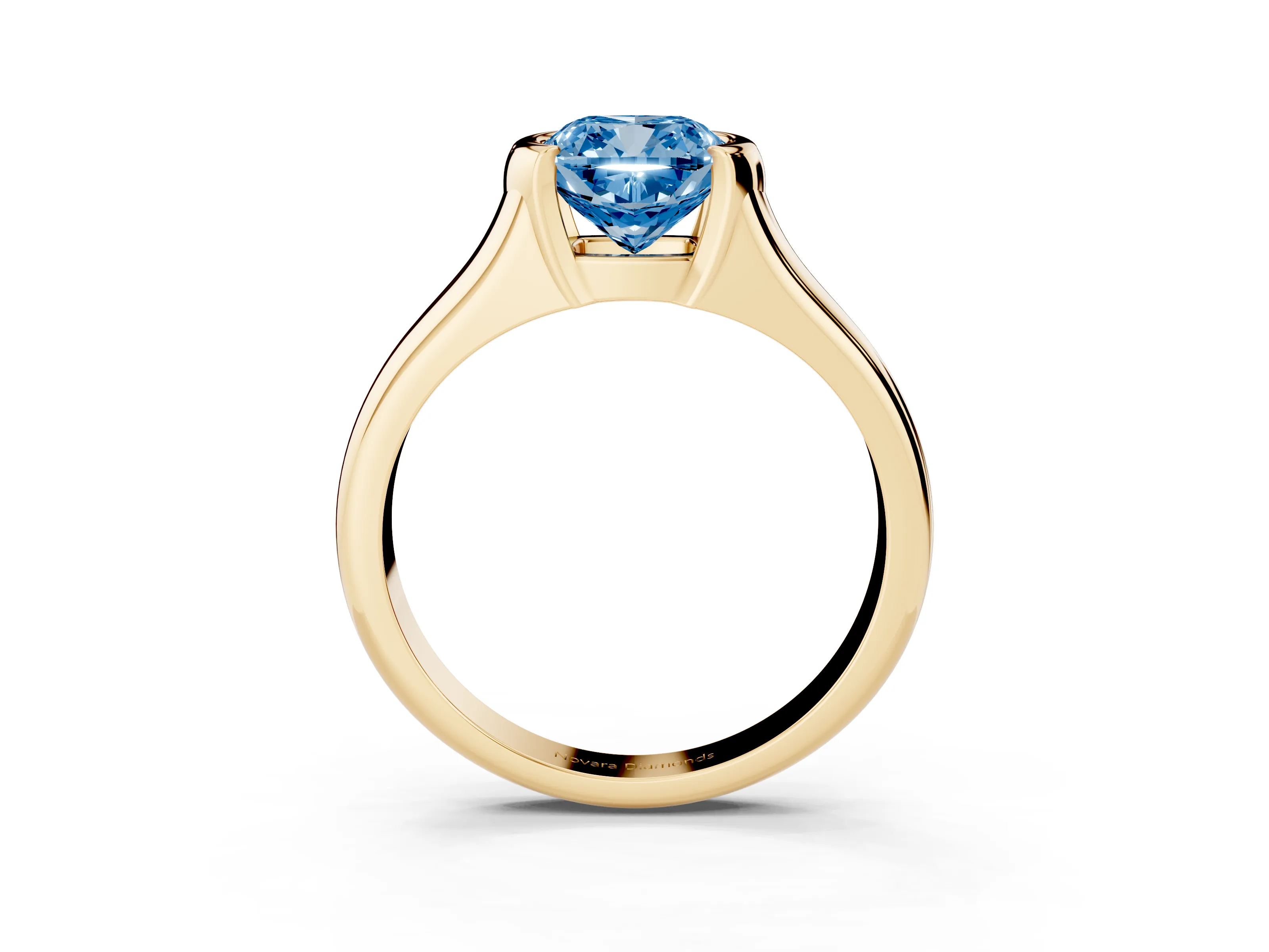 Fancy Blue Cushion Cut Diamond Solitaire Tension Set Ring Set in Yellow gold with Split Shank Band