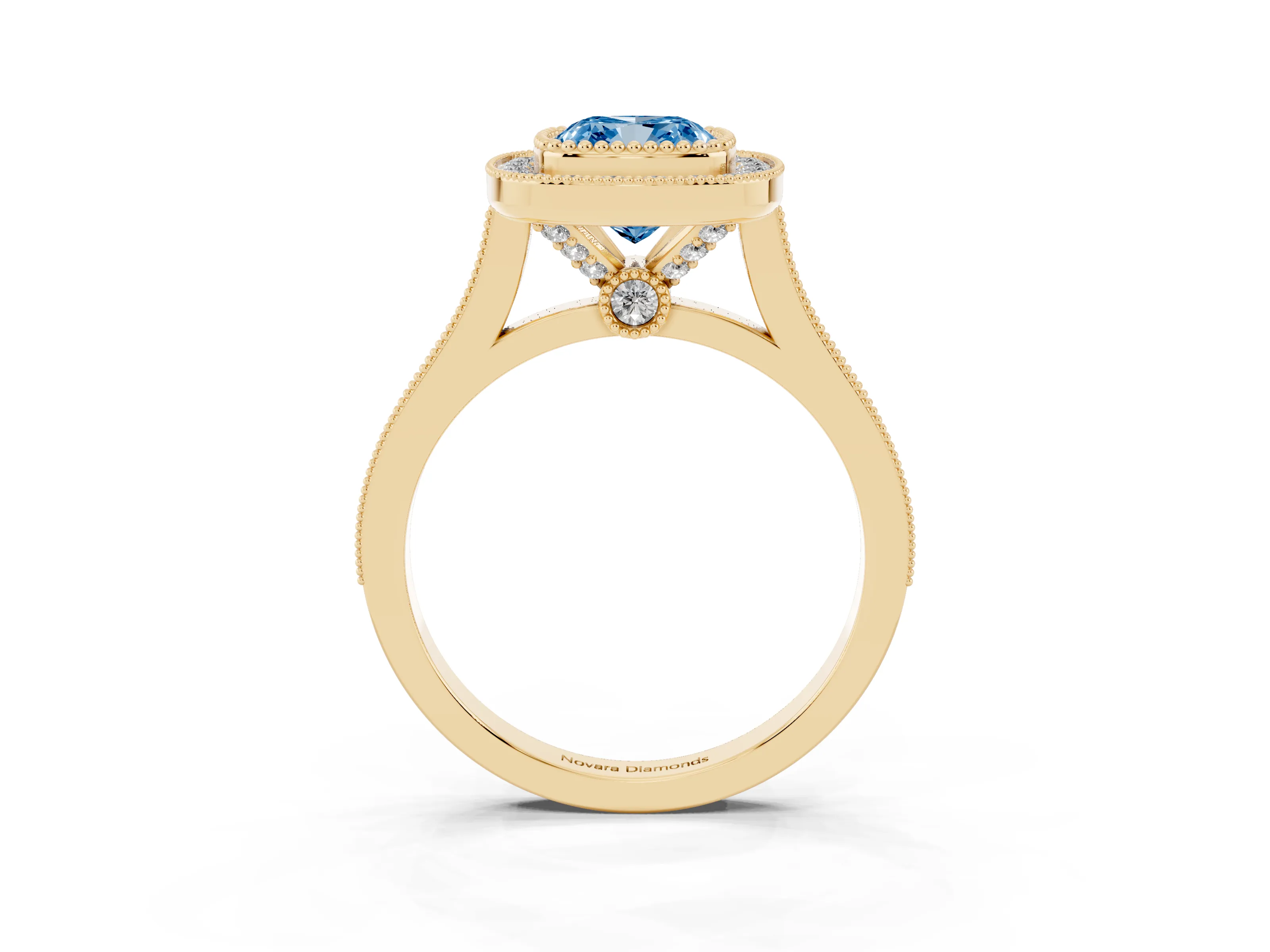 Fancy Blue Cushion Cut Diamond Halo Ring Set in Yellow gold with Milgrain Frame and Pavé Band