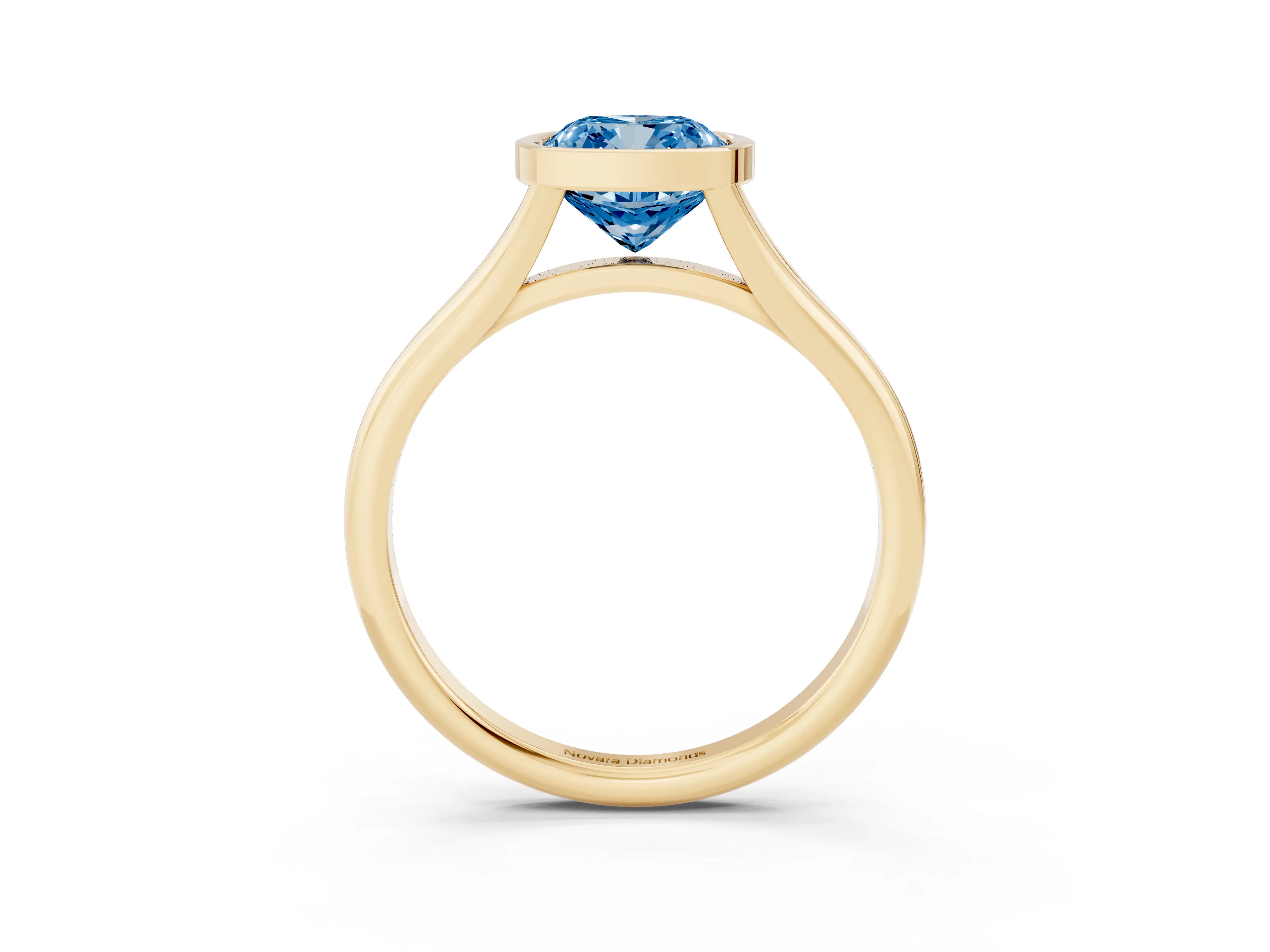 Fancy Blue Bezel Set Cushion Cut Diamond Solitaire Ring Set in Yellow gold with Tapered Band