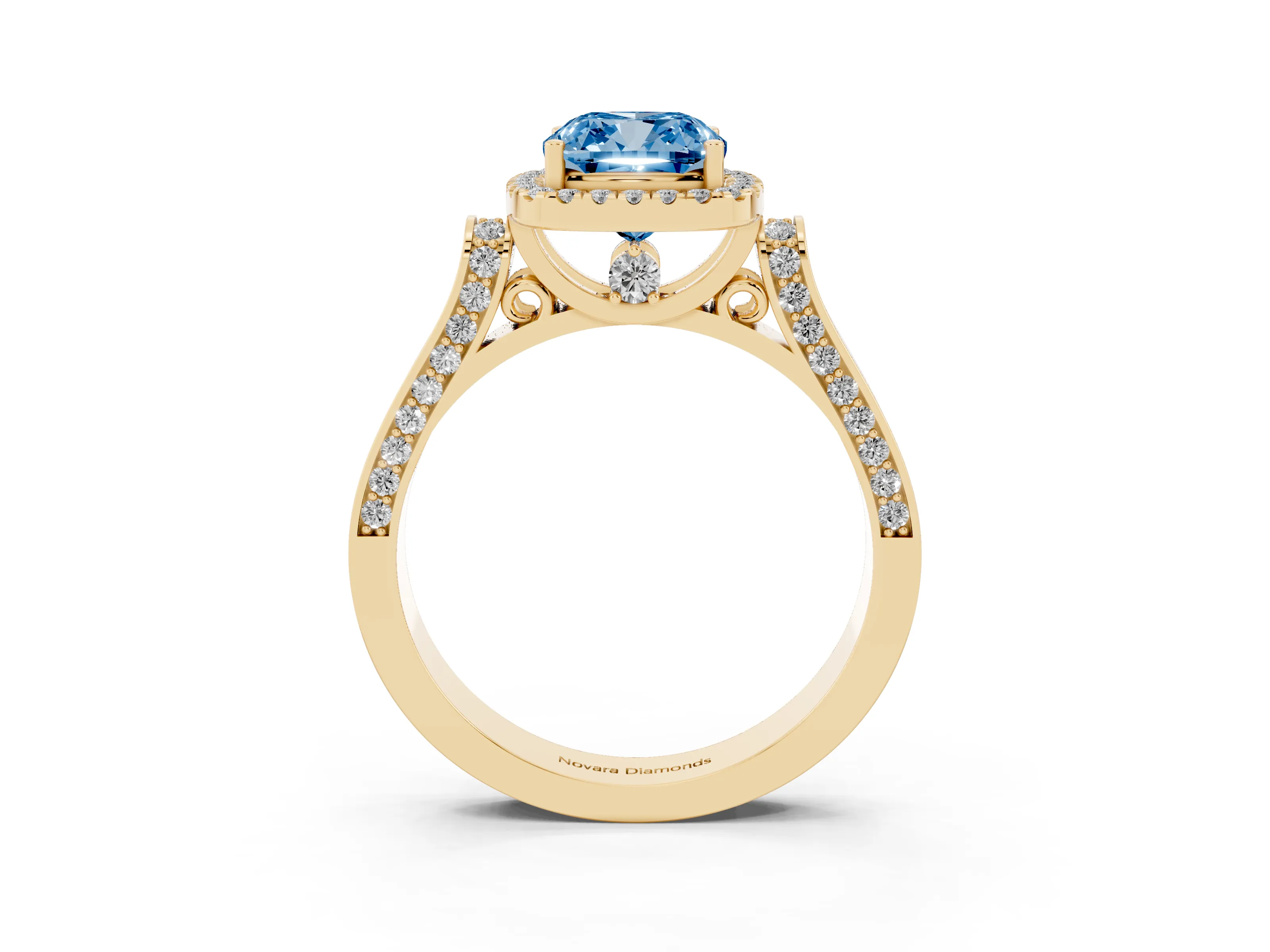 Fancy Blue Cushion Cut Diamond Halo Ring Set in Yellow gold with Pavé-Lined Split Shank Band