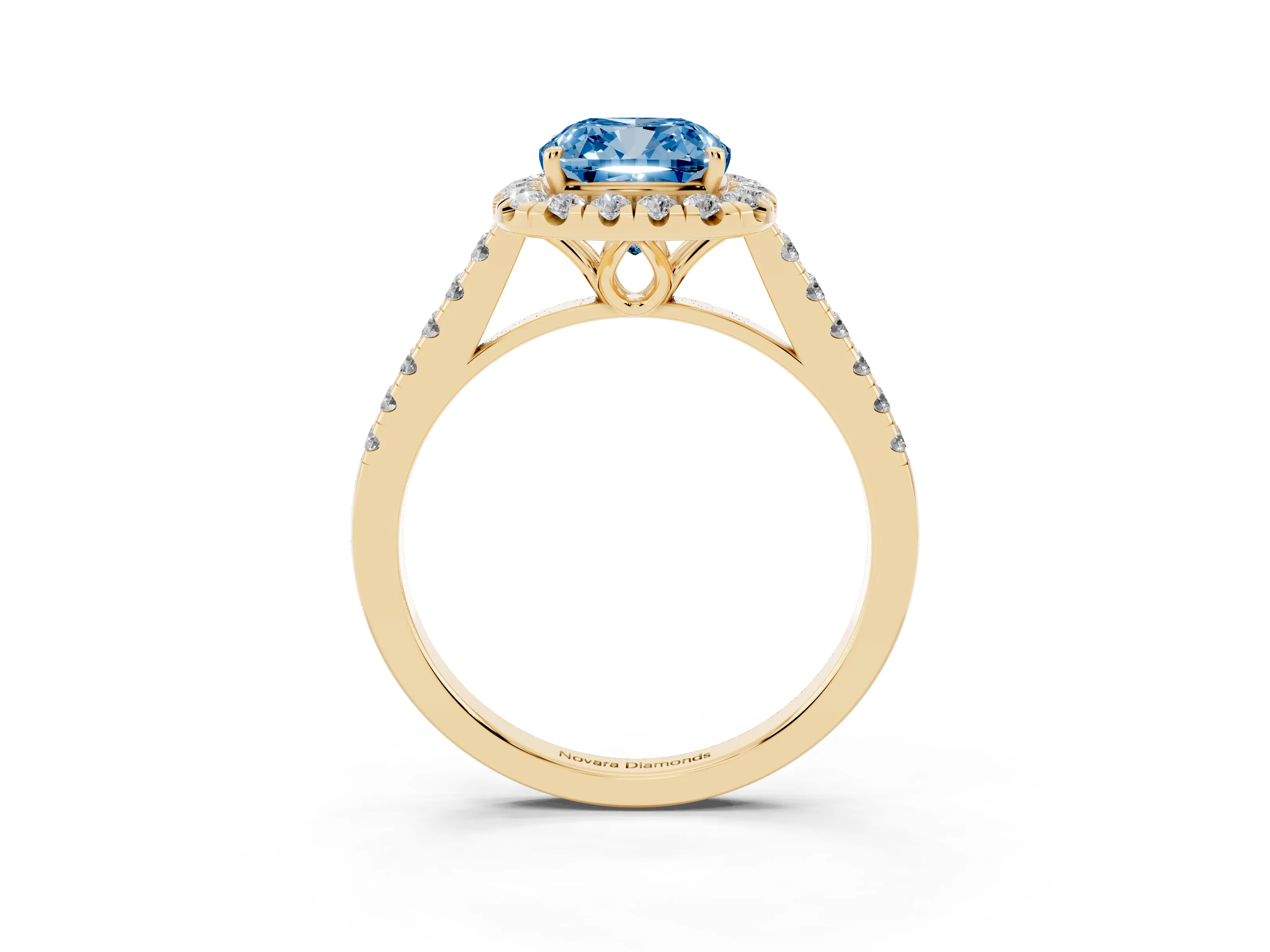 Fancy Blue Cushion Cut Diamond Pavé Halo Engagement Ring Set in Yellow gold with Pavé Band and Prong Setting