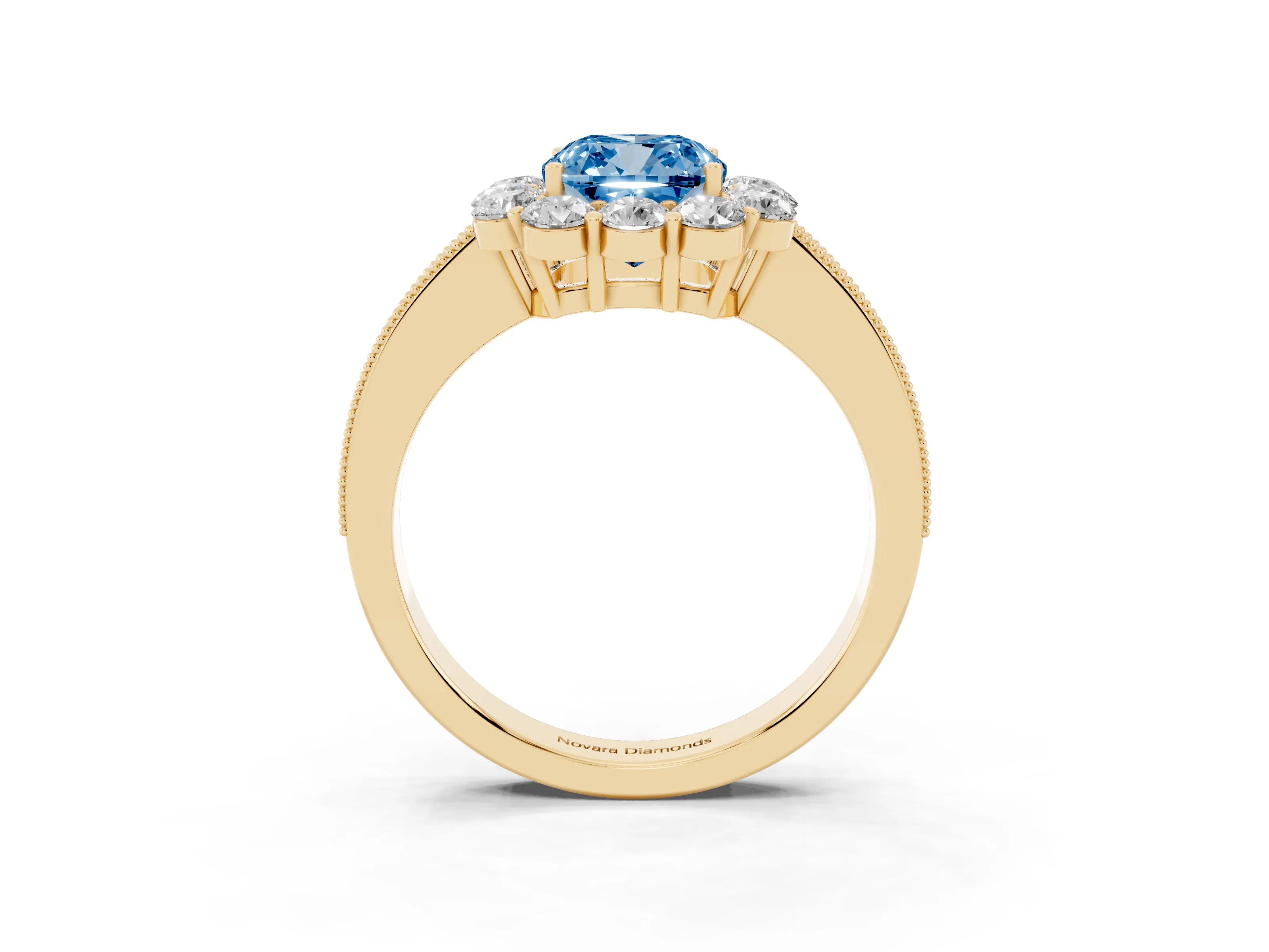 Fancy Blue Cushion Cut Diamond Halo Pavé Engagement Ring Set in Yellow gold with Milgrain Detailing