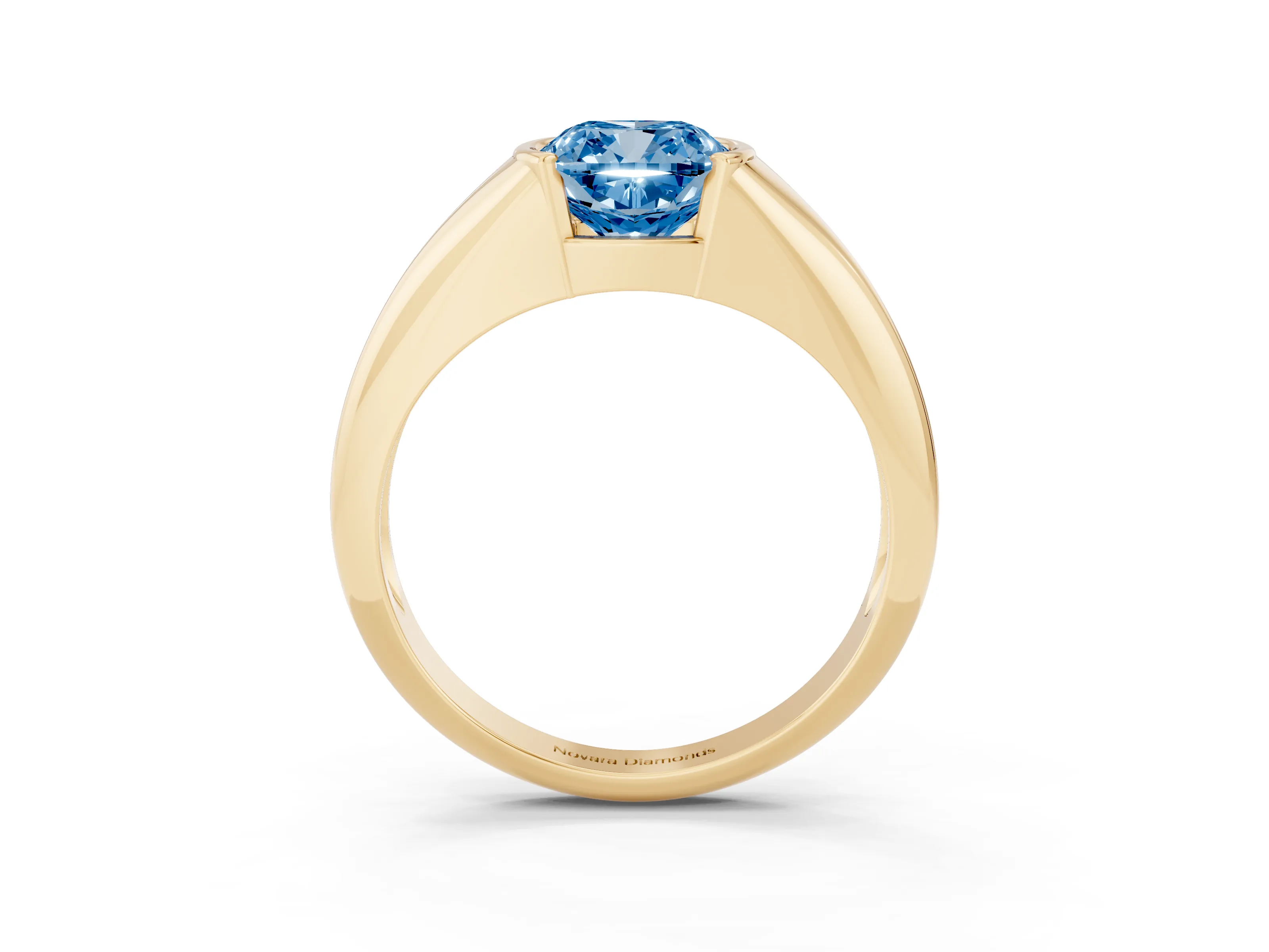 Fancy Blue Cushion Cut Diamond Solitaire Tension Set Ring Set in Yellow gold