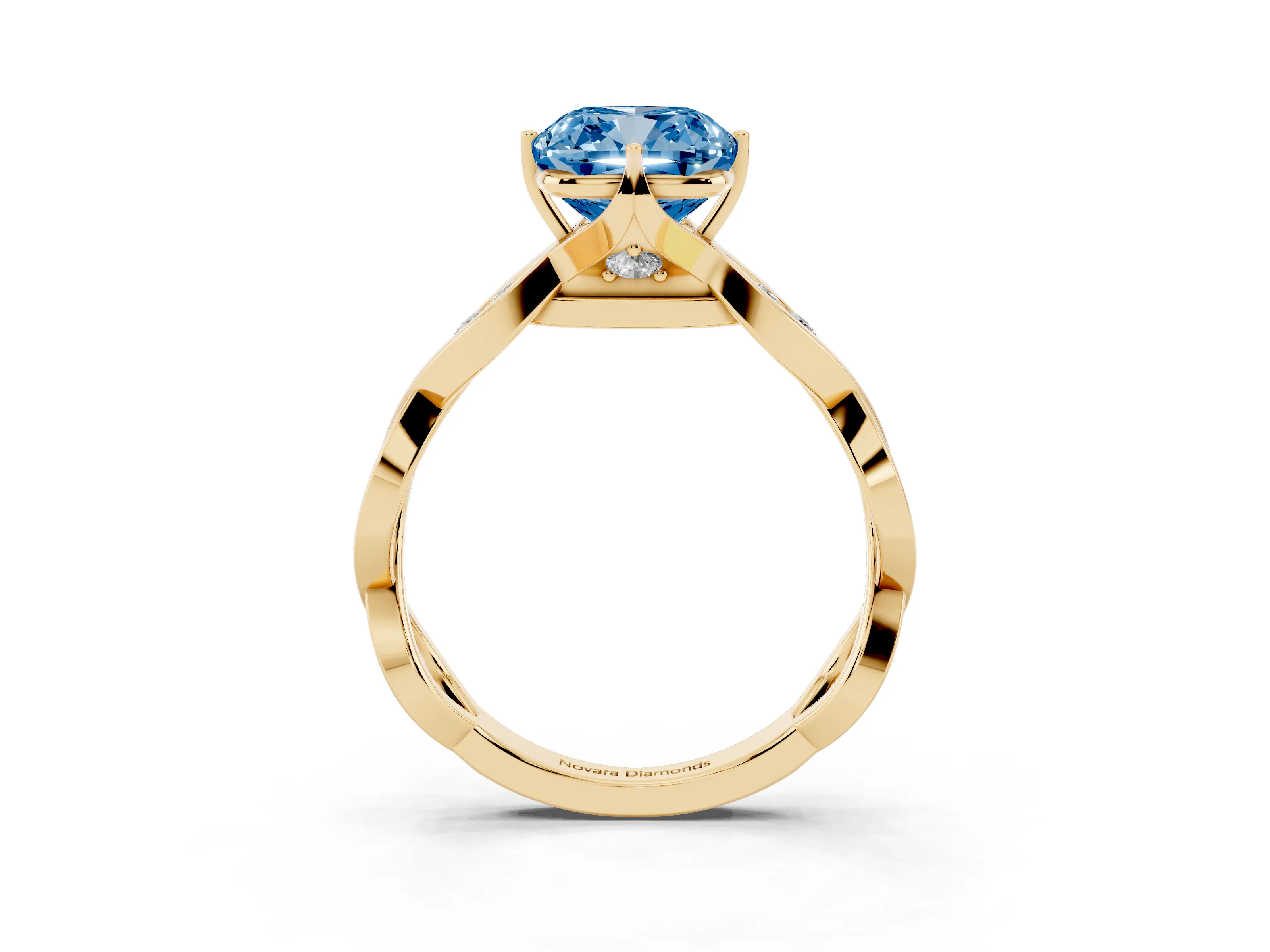 Fancy Blue Cushion Cut Diamond Twist Band Solitaire Ring Set in Yellow gold with Leaf Prong Setting and Accent Stones
