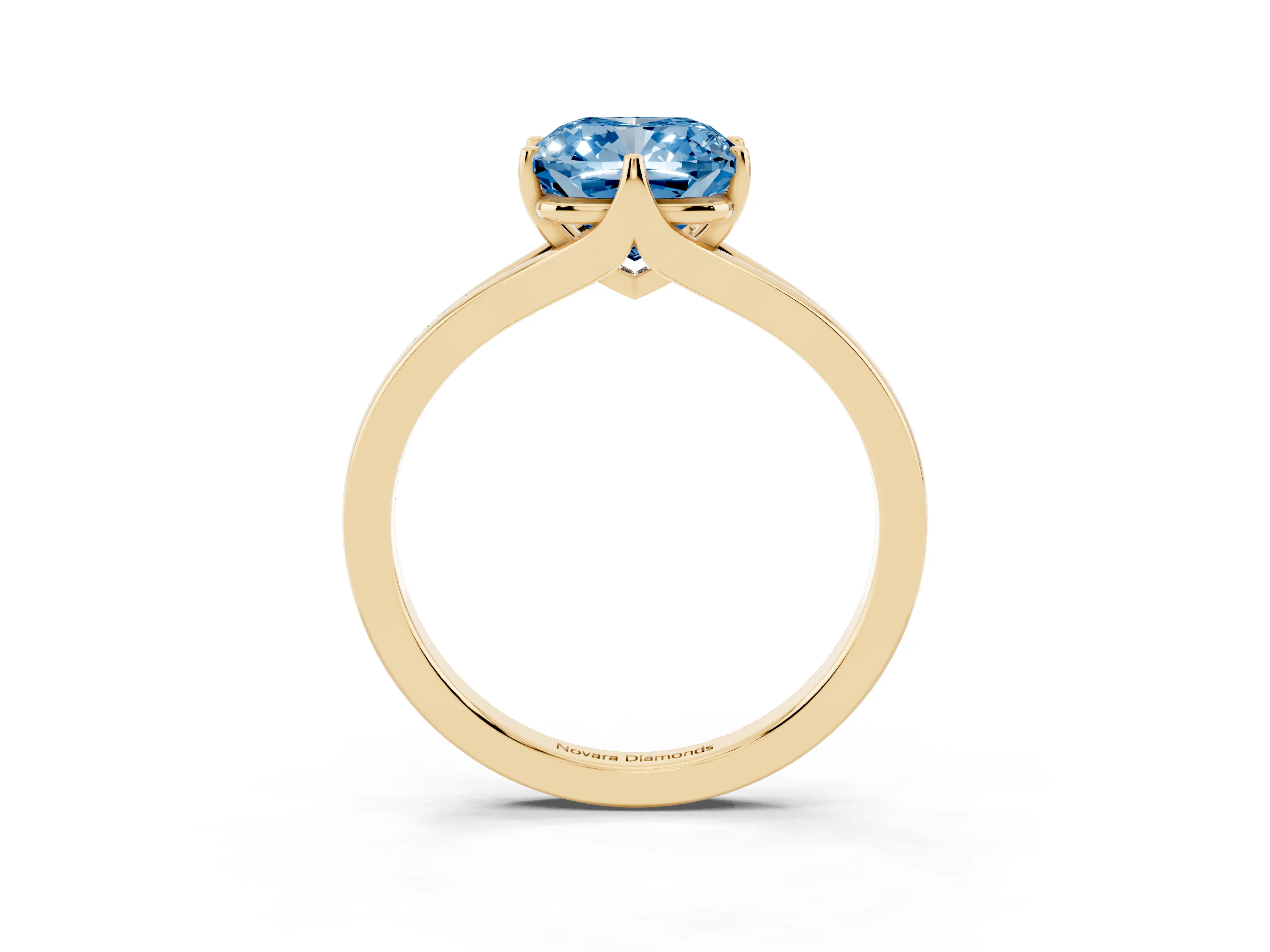 Fancy Blue Cushion Cut Diamond Solitaire Ring Set in Yellow gold with Polished Tapered Band and Prong Setting