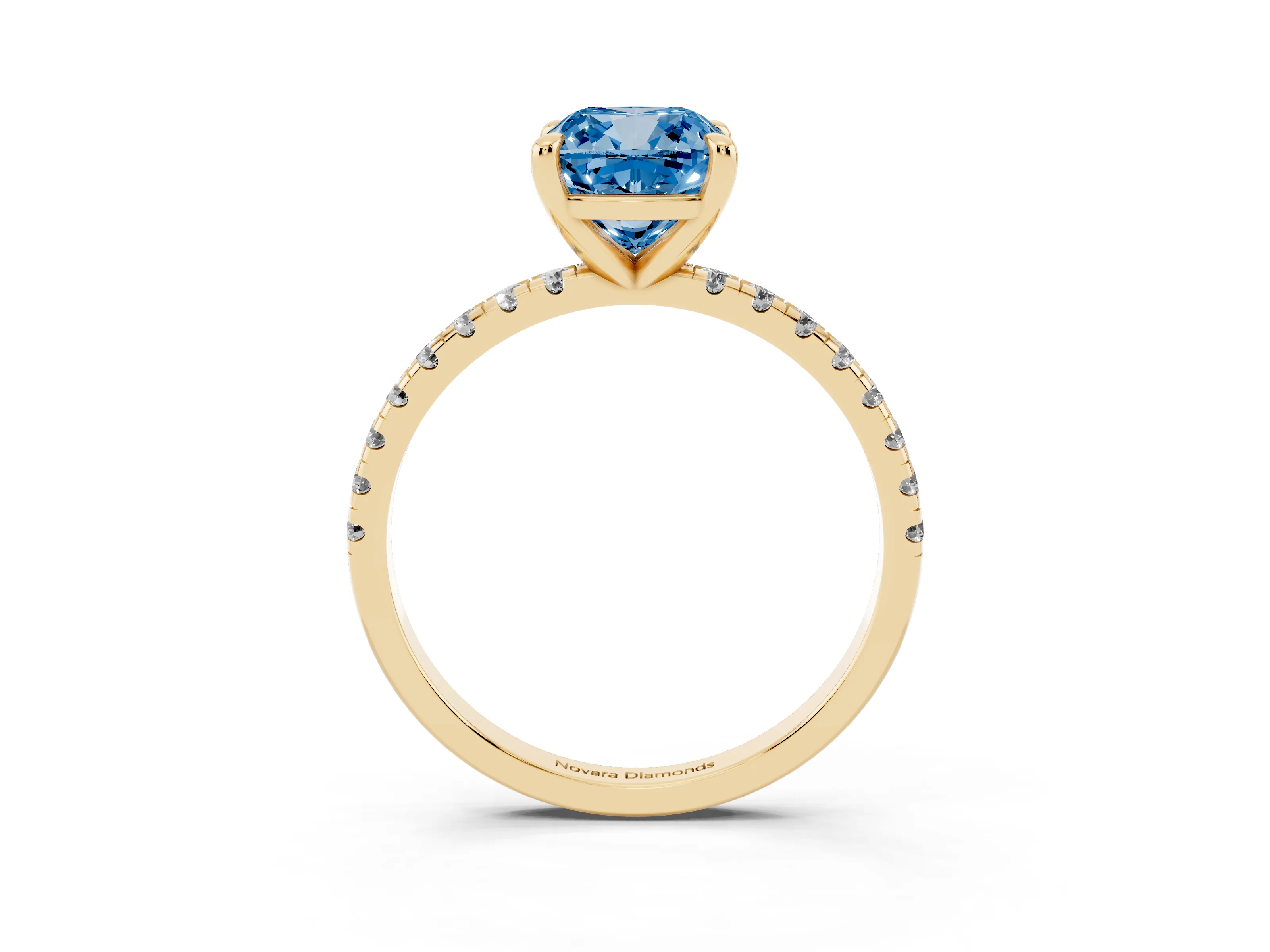Fancy Blue Cushion Cut Diamond Brilliant Solitaire Ring Set in Yellow gold with Pavé Band and Prong Setting