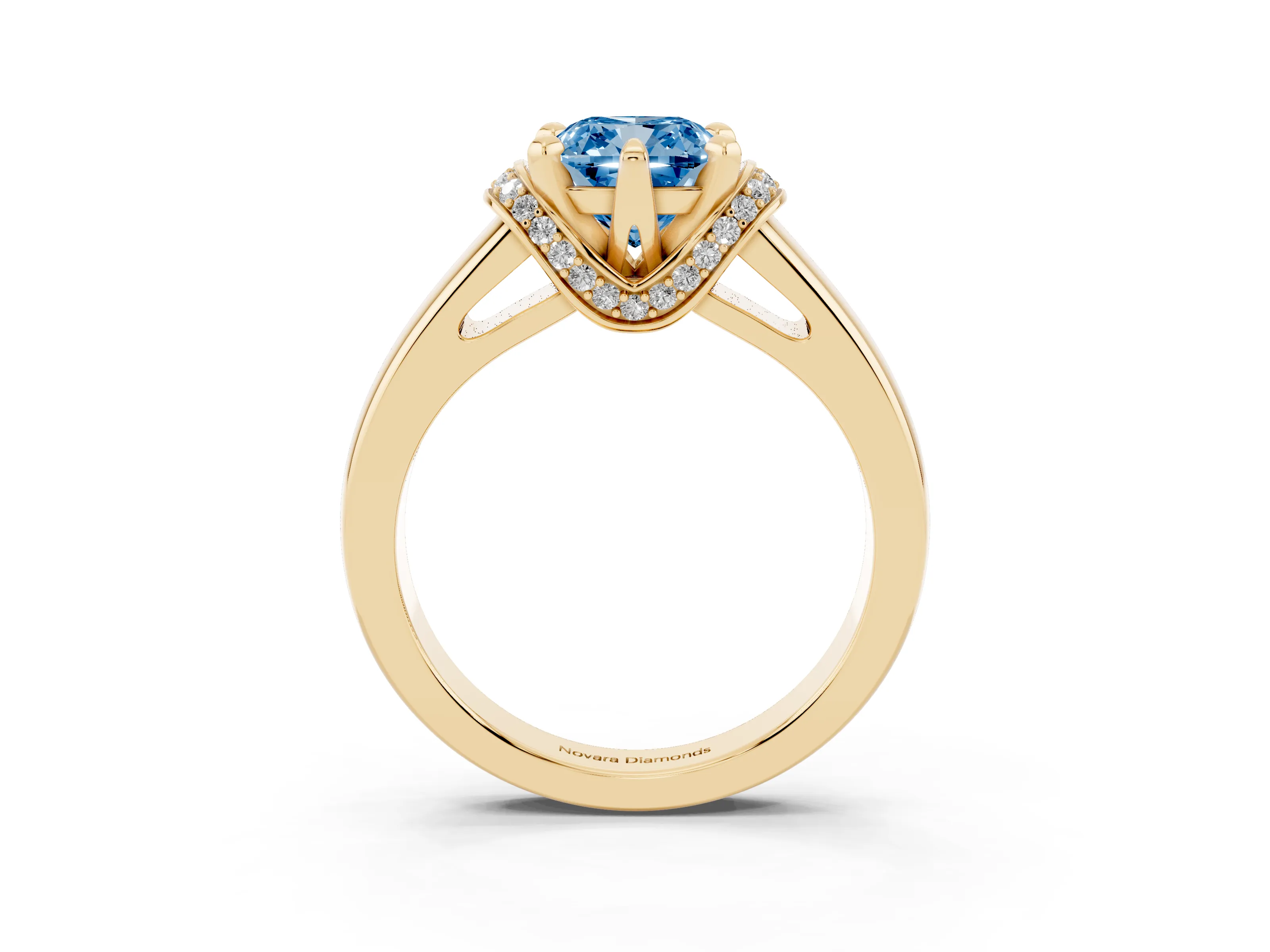 Fancy Blue Cushion Cut Diamond Pavé Band Solitaire Ring Set in Yellow gold with Prong Setting