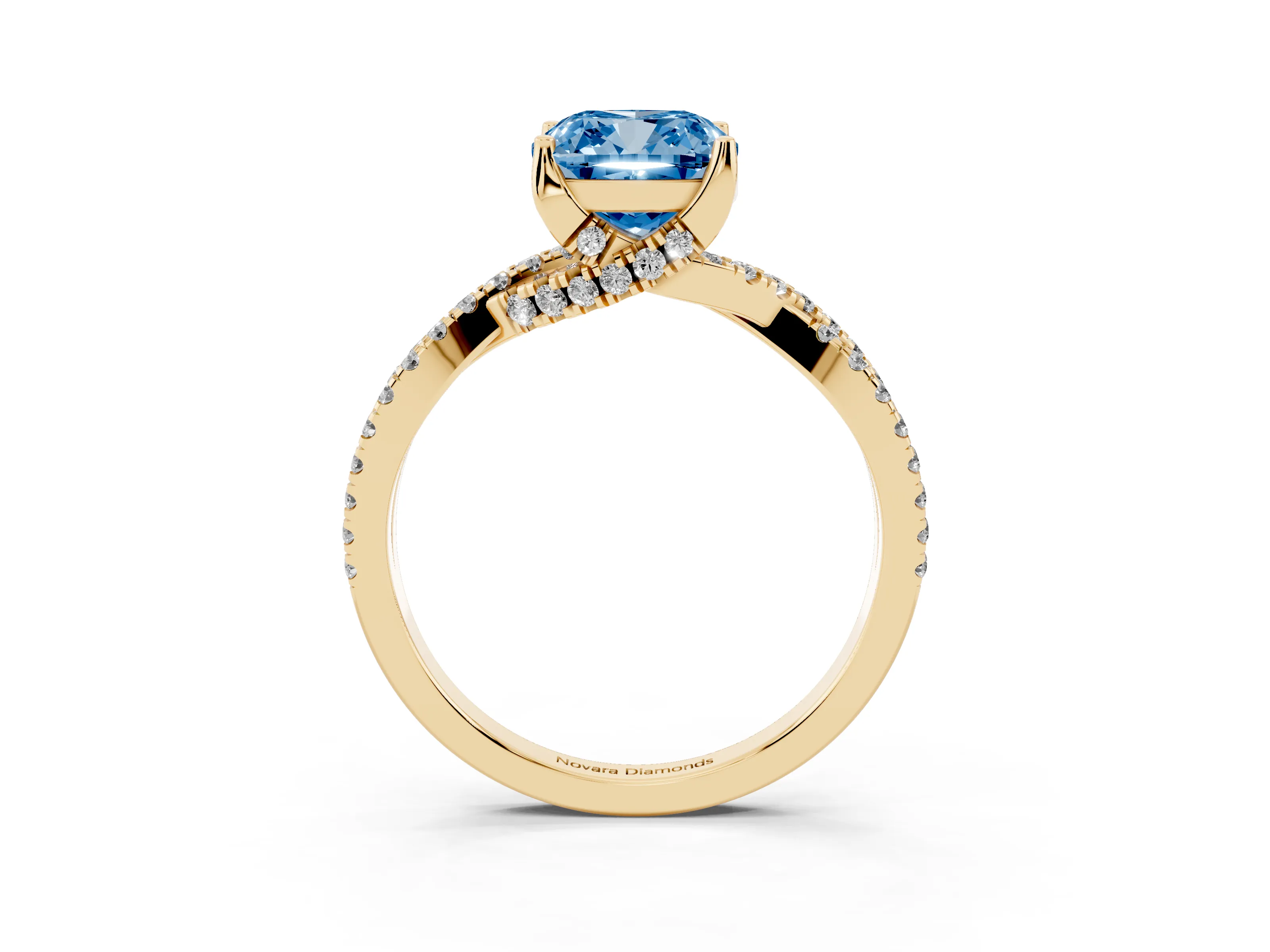 Fancy Blue Cushion Cut Diamond Twist Pavé Solitaire Engagement Ring Set in Yellow gold with Prong Setting