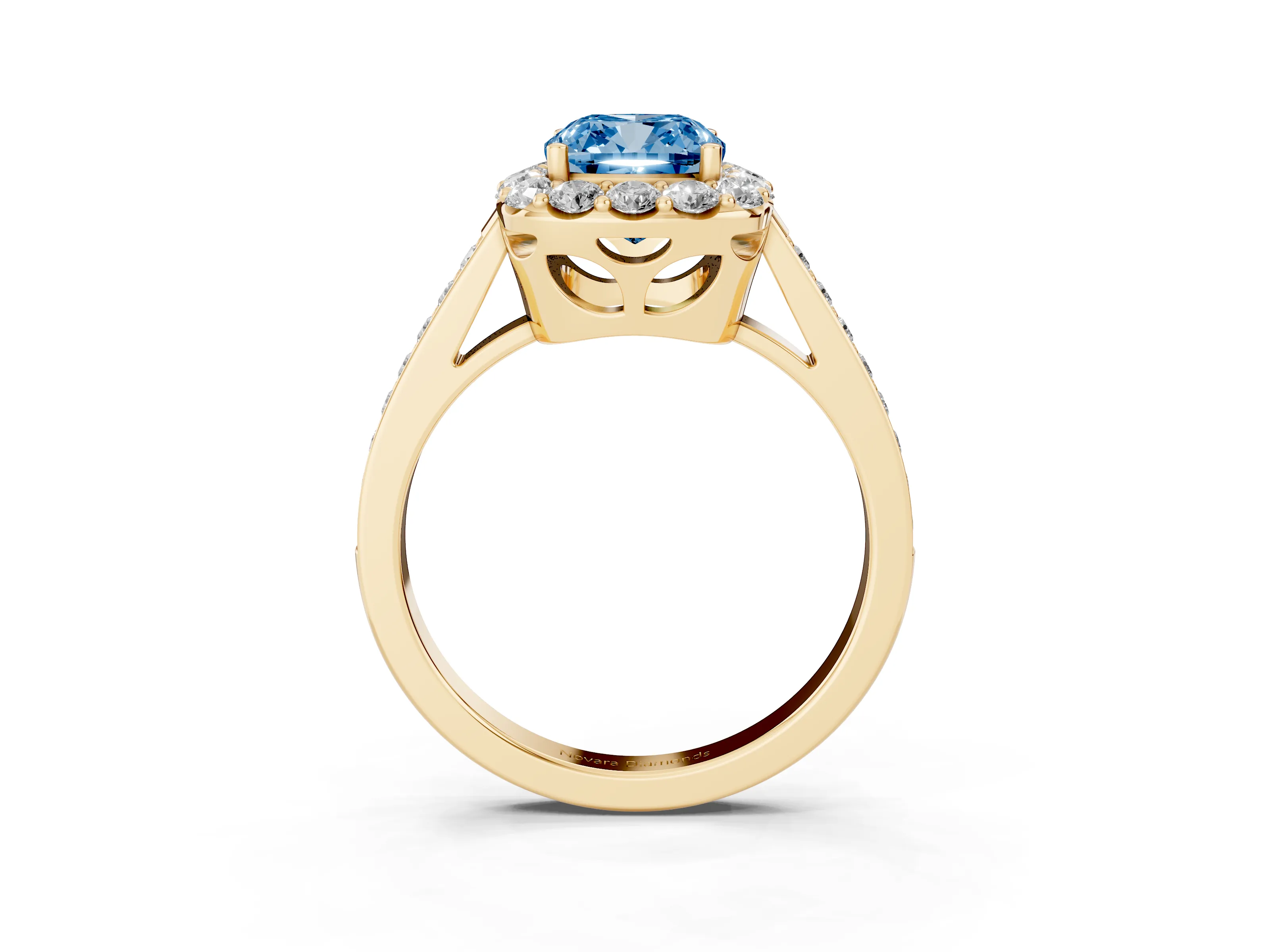 Fancy Blue Cushion Cut Diamond Floral Halo Ring Set in Yellow gold with Pavé Band and Prong Setting