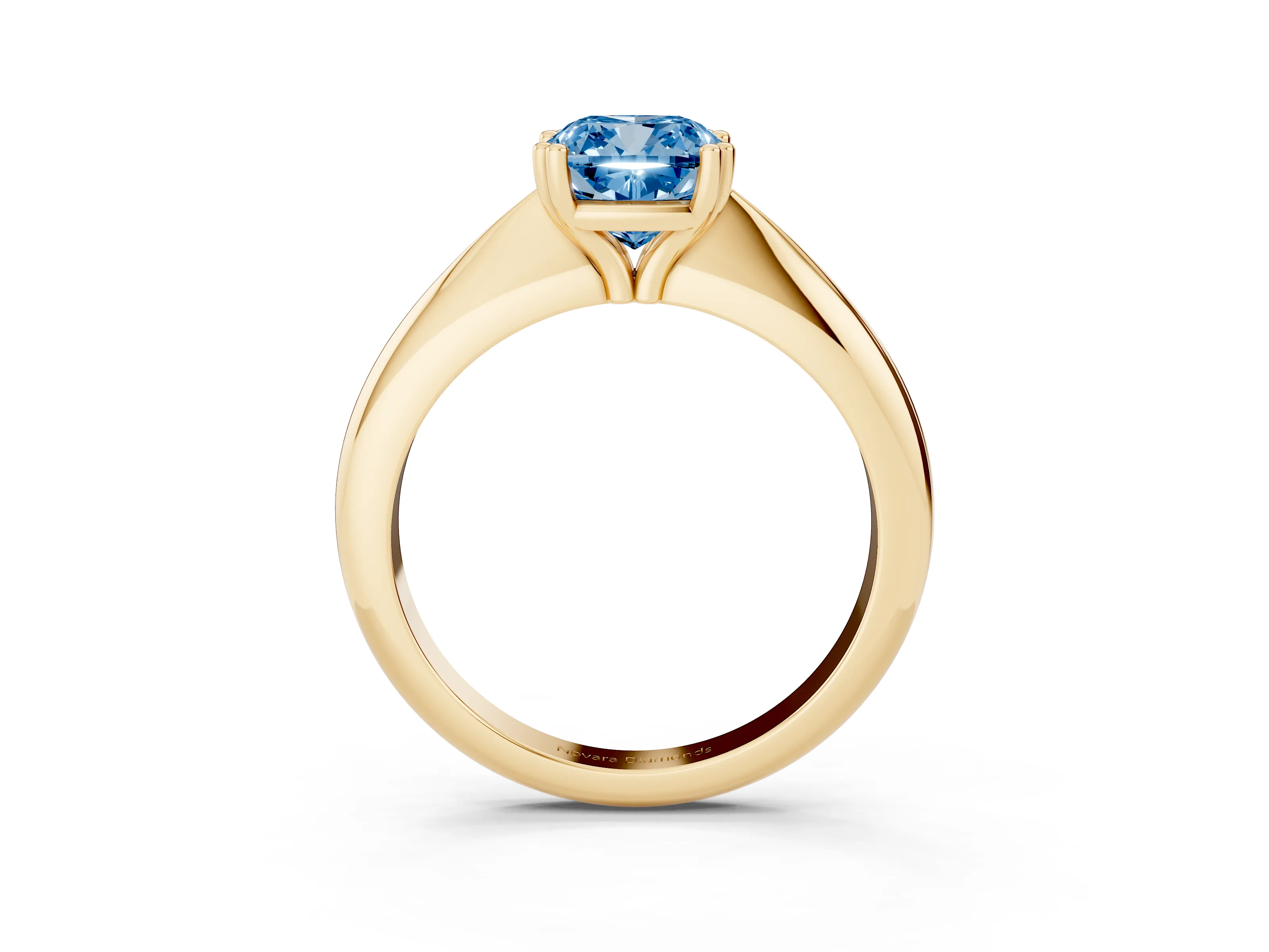 Fancy Blue Cushion Cut Diamond Solitaire Engagement Ring Set in Yellow gold with Tapered Band and Prong Setting