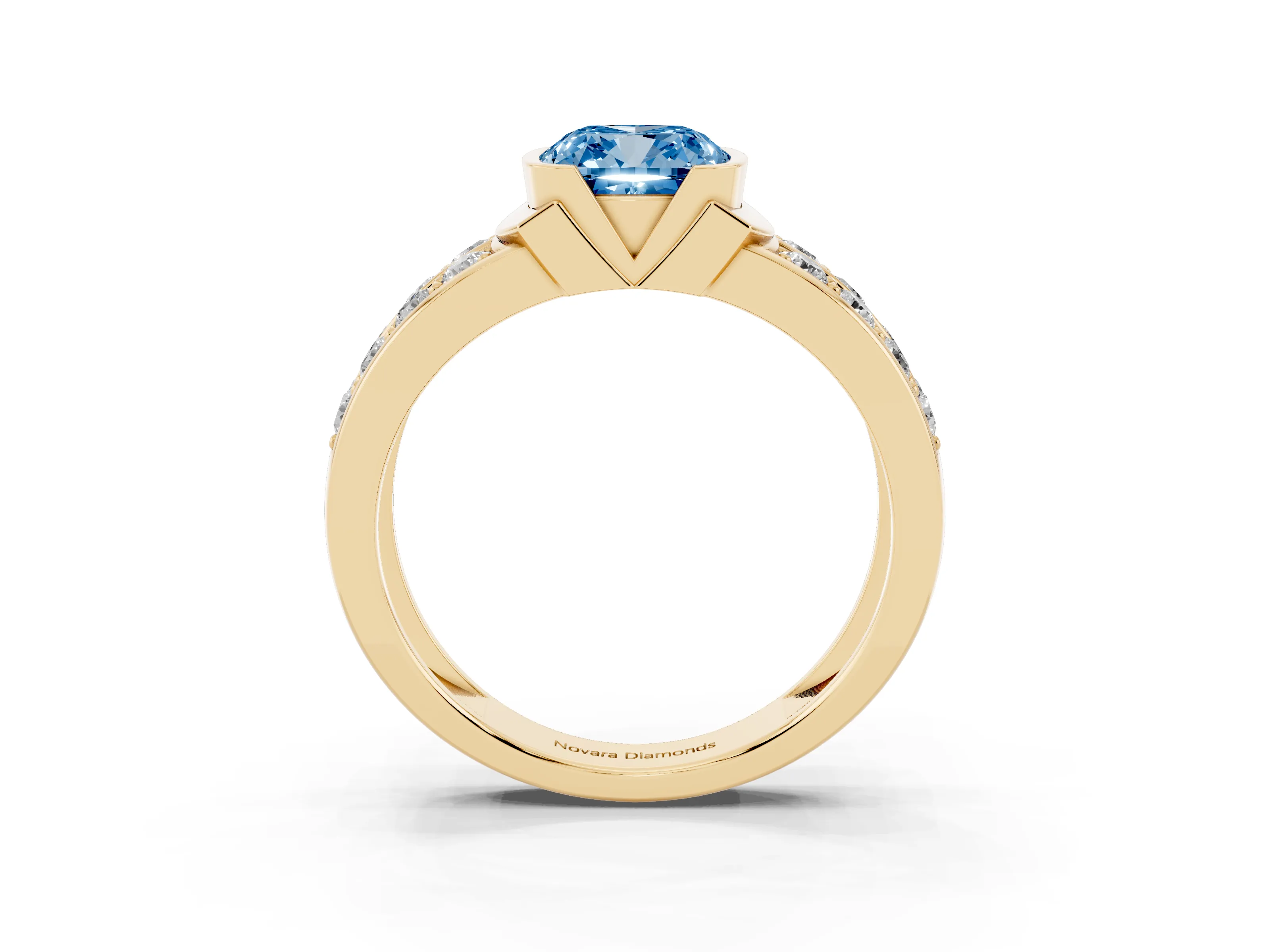 Fancy Blue Cushion Cut Diamond Wide Channel Set Band Ring Set in Yellow gold with Bezel Setting