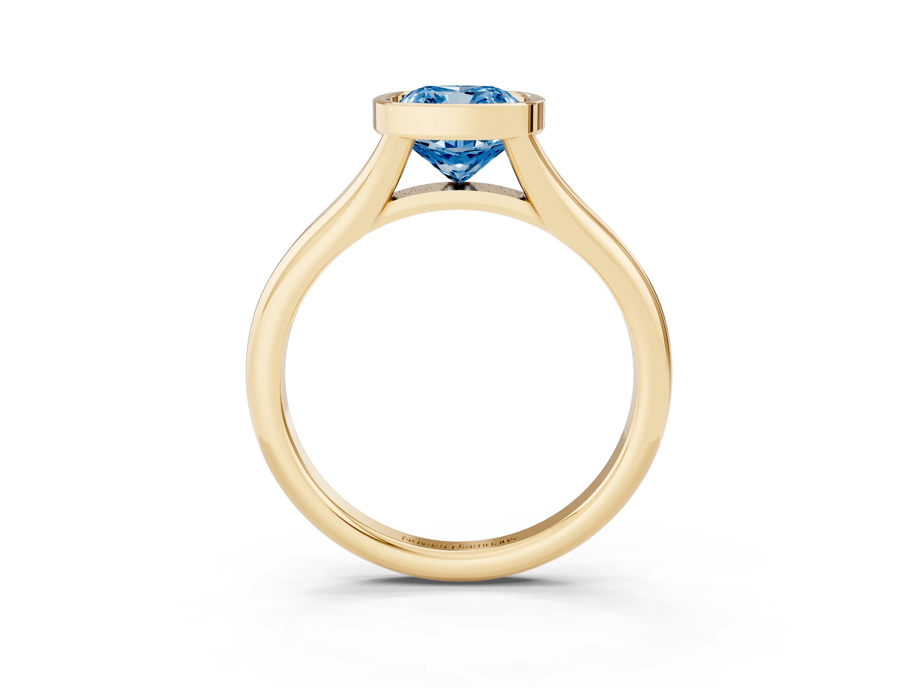 Fancy Blue Bezel Set Cushion Cut Diamond Solitaire Ring Set in Yellow gold with Smooth Band