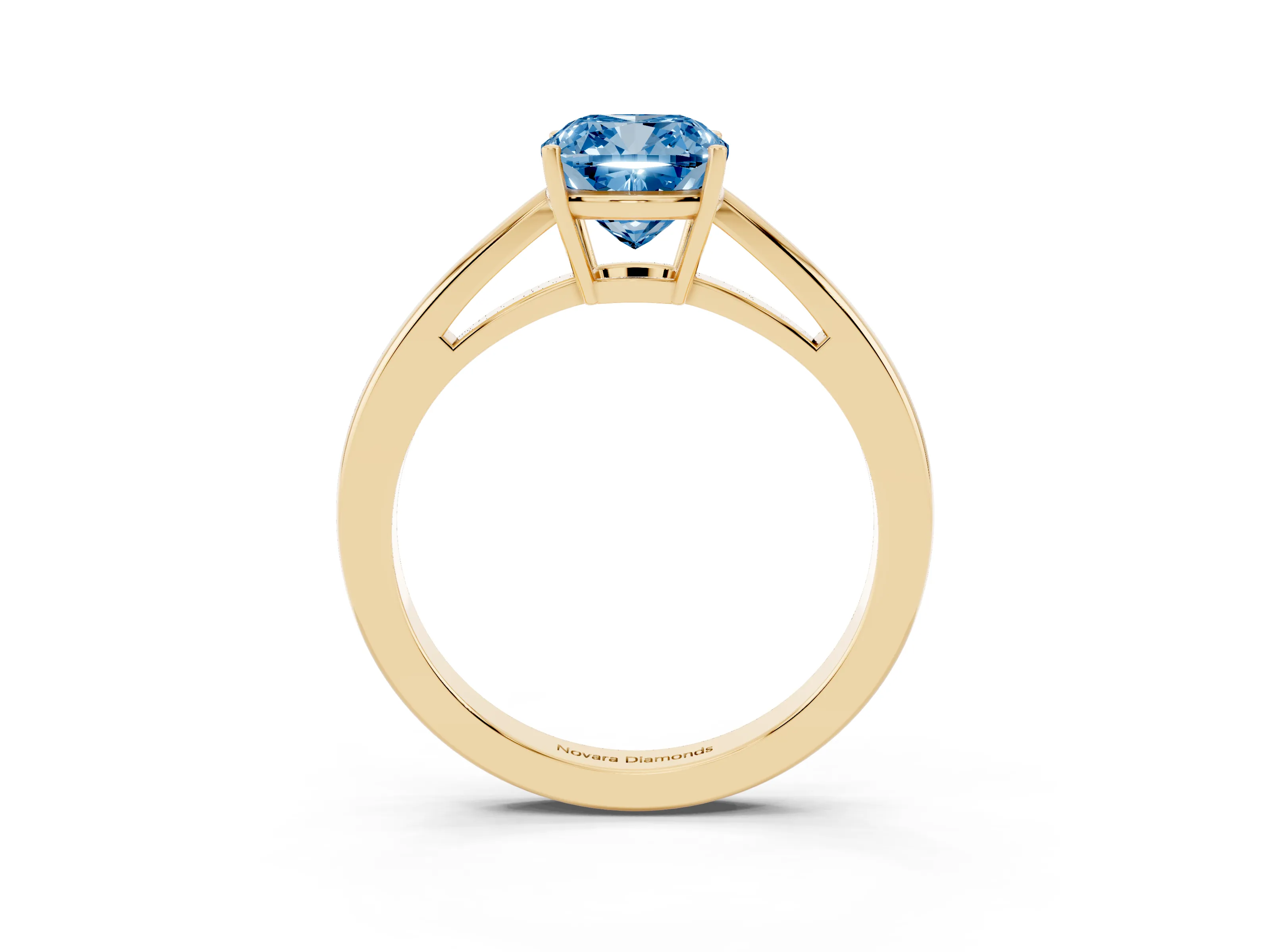Fancy Blue Cushion Cut Diamond Solitaire Ring Set in Yellow gold with Split Shank and Prong Setting
