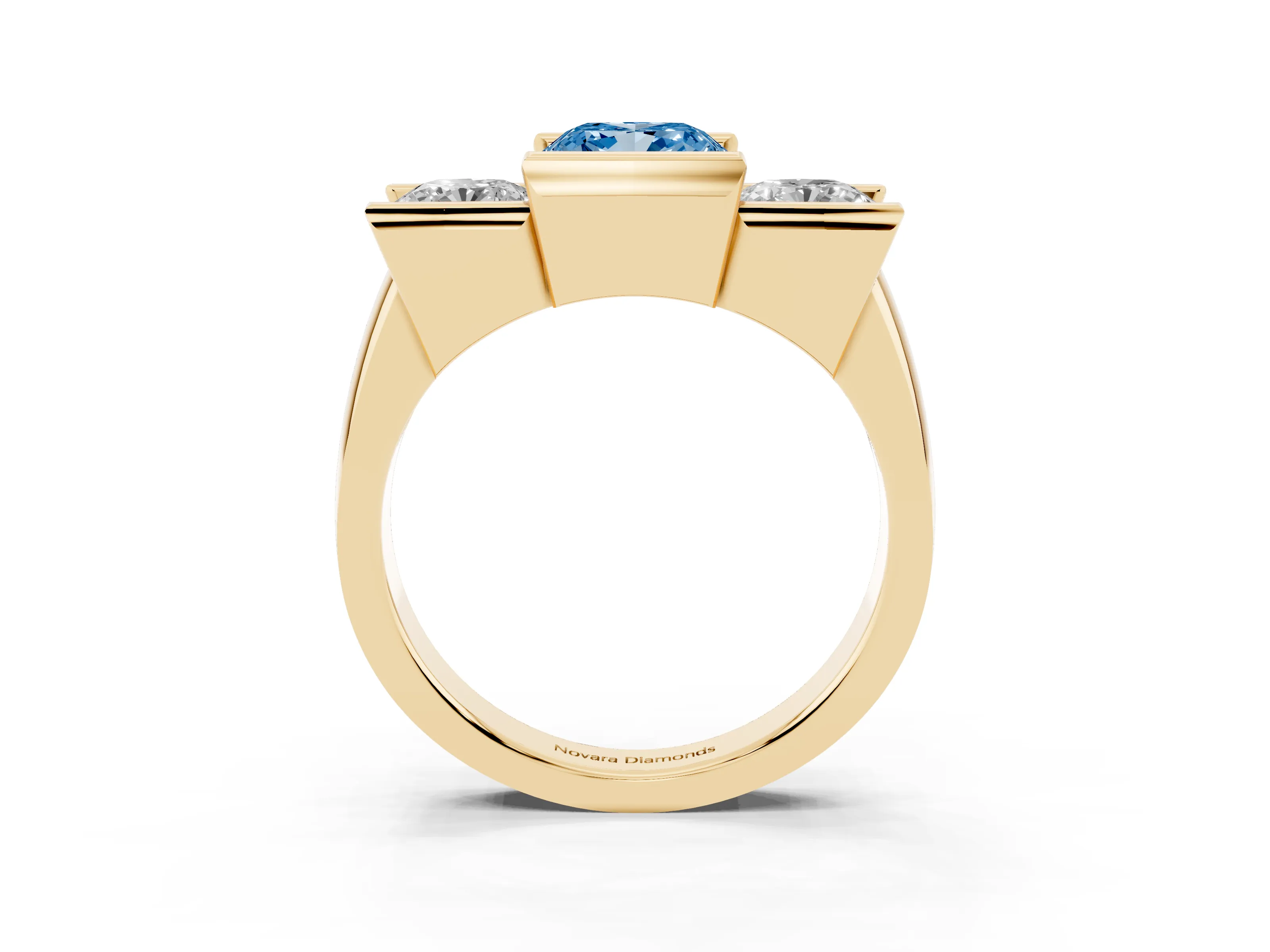 Fancy Blue Cushion Cut Diamond Three-Stone Channel Set Ring Set in Yellow gold with Smooth Polished Band