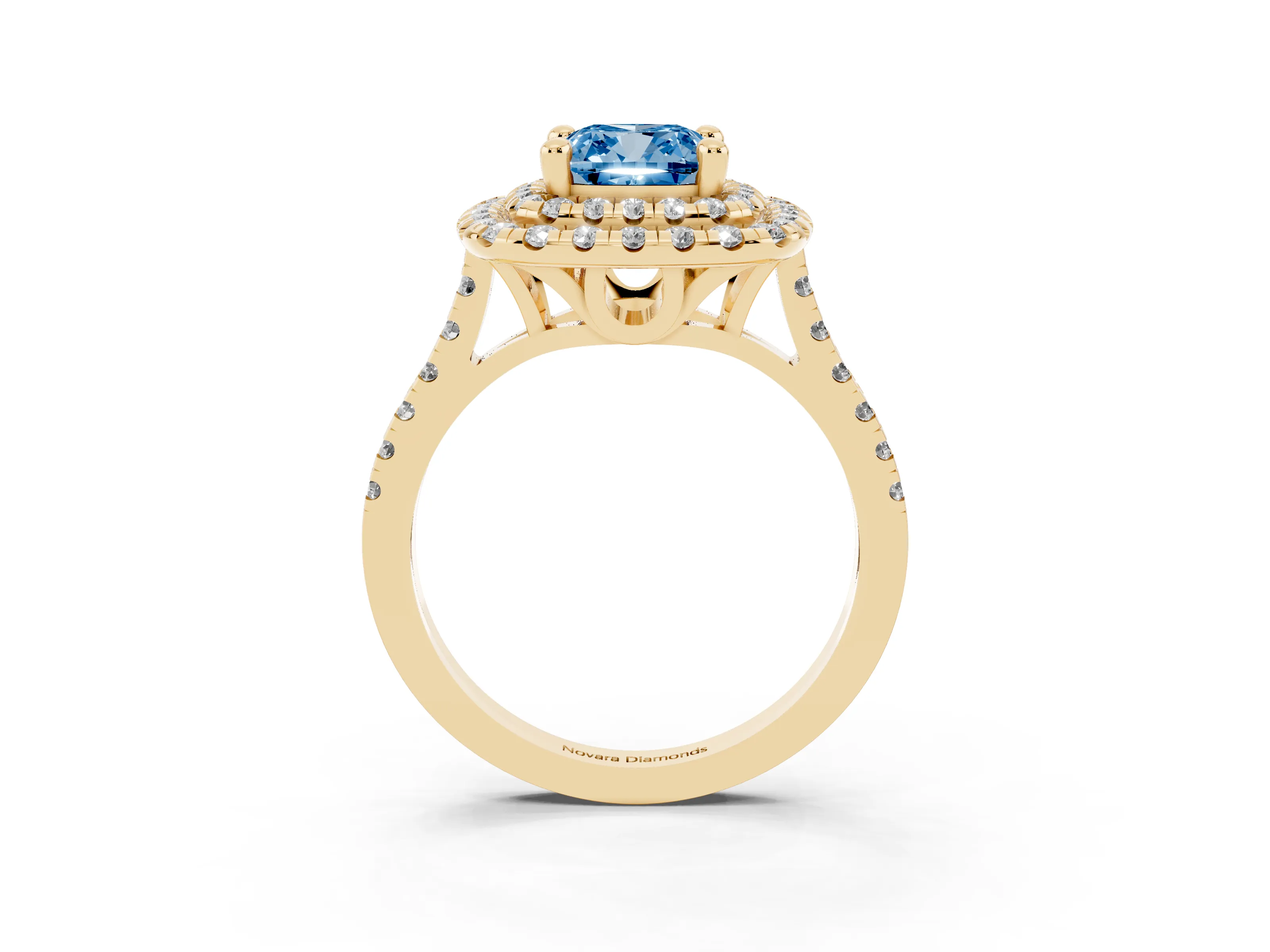 Fancy Blue Cushion Cut Diamond Double Halo Statement Ring Set in Yellow gold with Pavé Band
