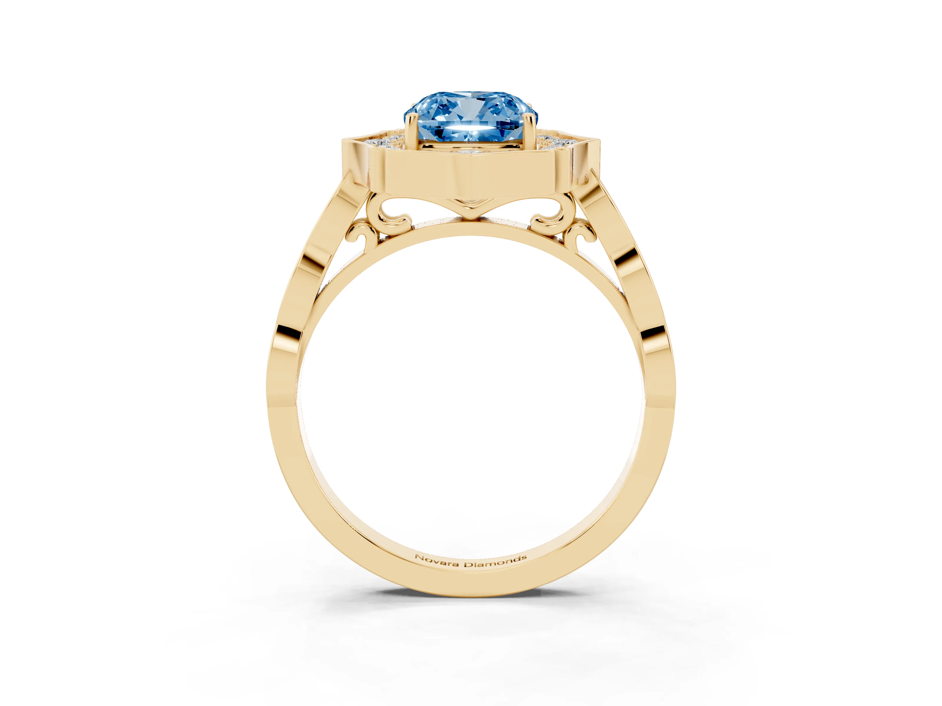 Fancy Blue Cushion Cut Diamond Halo Engagement Ring Set in Yellow gold with Milgrain Band and Prong Setting