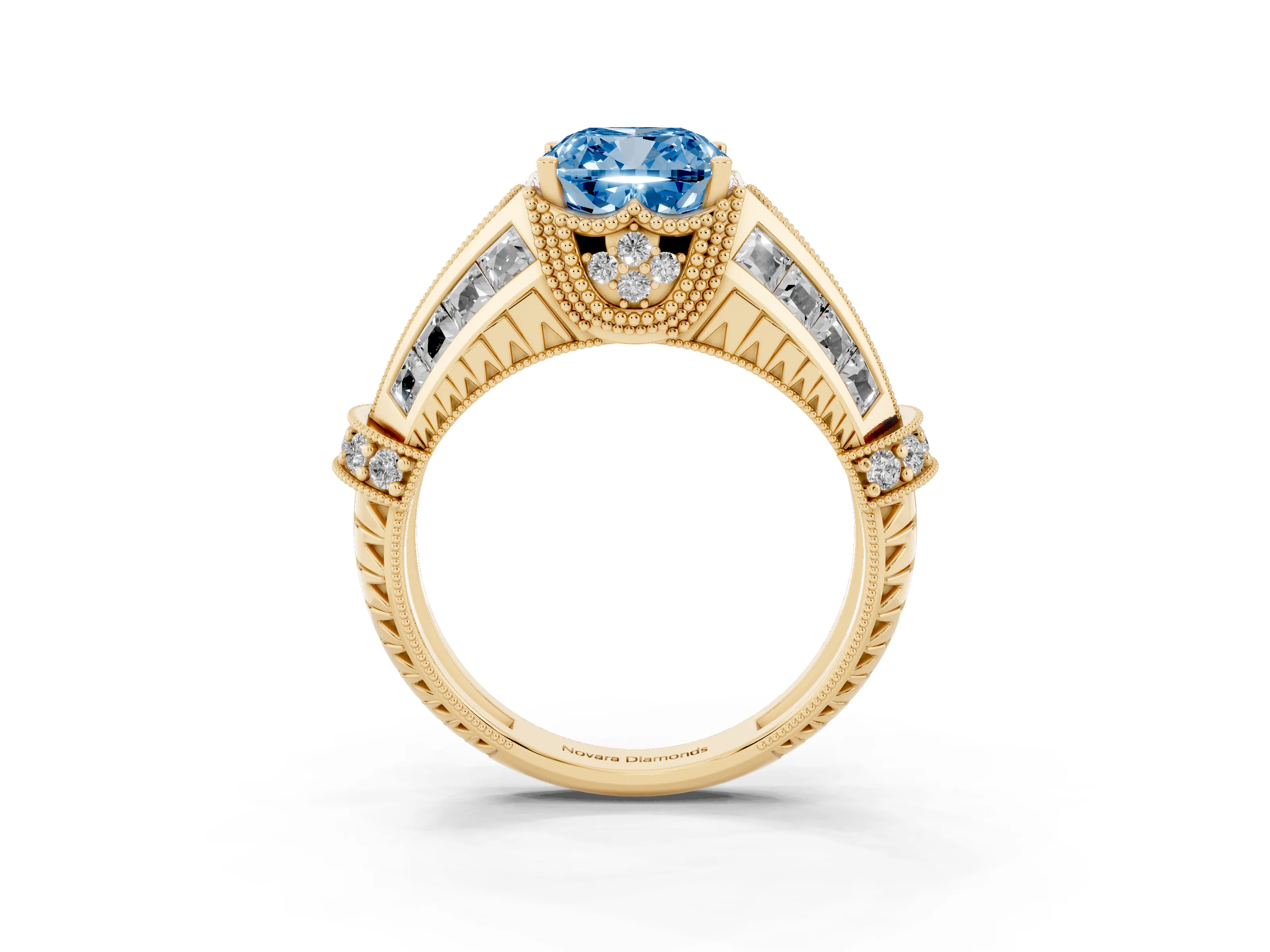 Fancy Blue Cushion Cut Diamond Vintage-Inspired Milgrain Ring Set in Yellow gold with Accent Split Shank