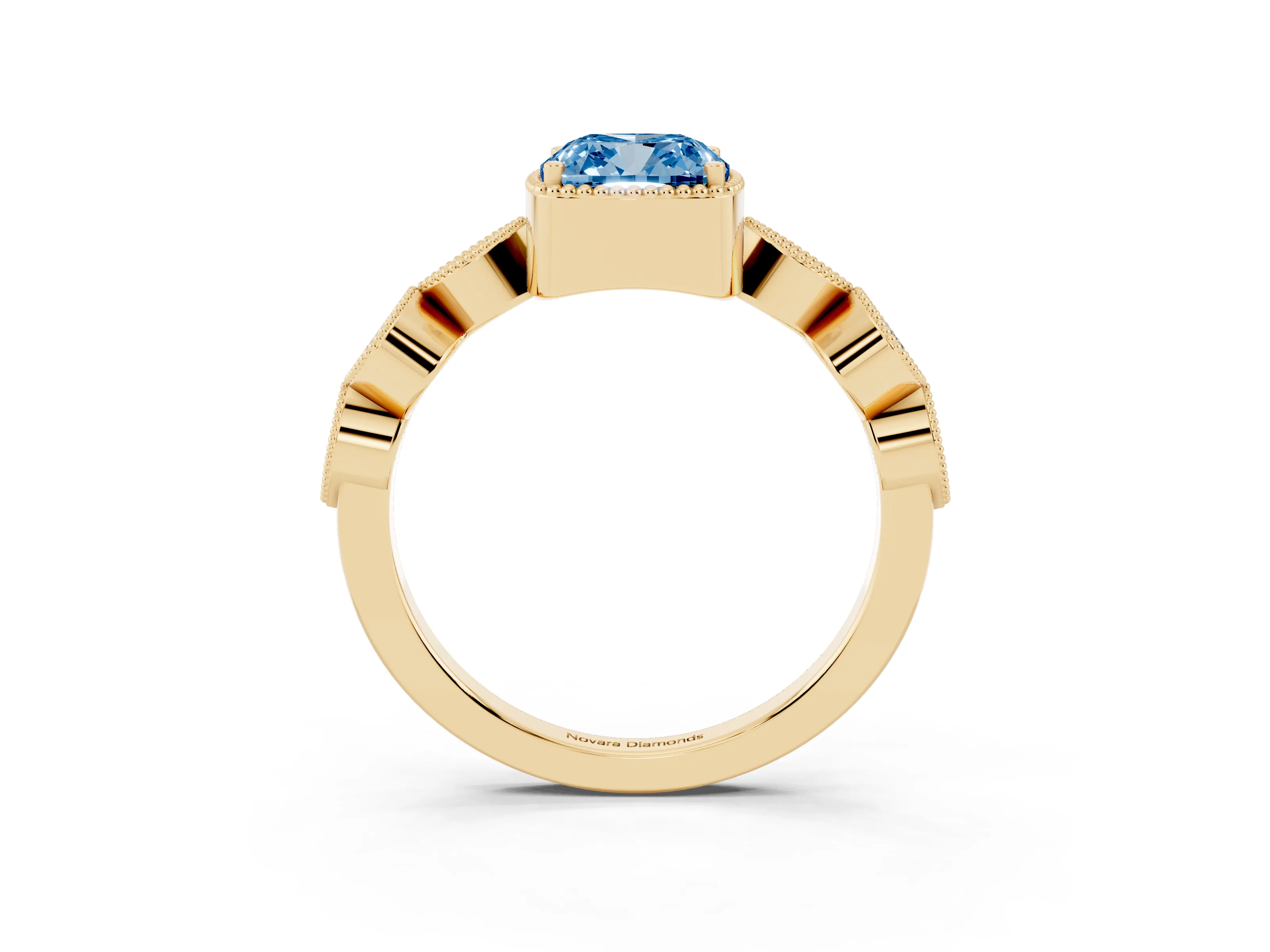Fancy Blue Cushion Cut Diamond Vintage-Inspired Milgrain Ring Set in Yellow gold with Marquise Stations of Round Accents