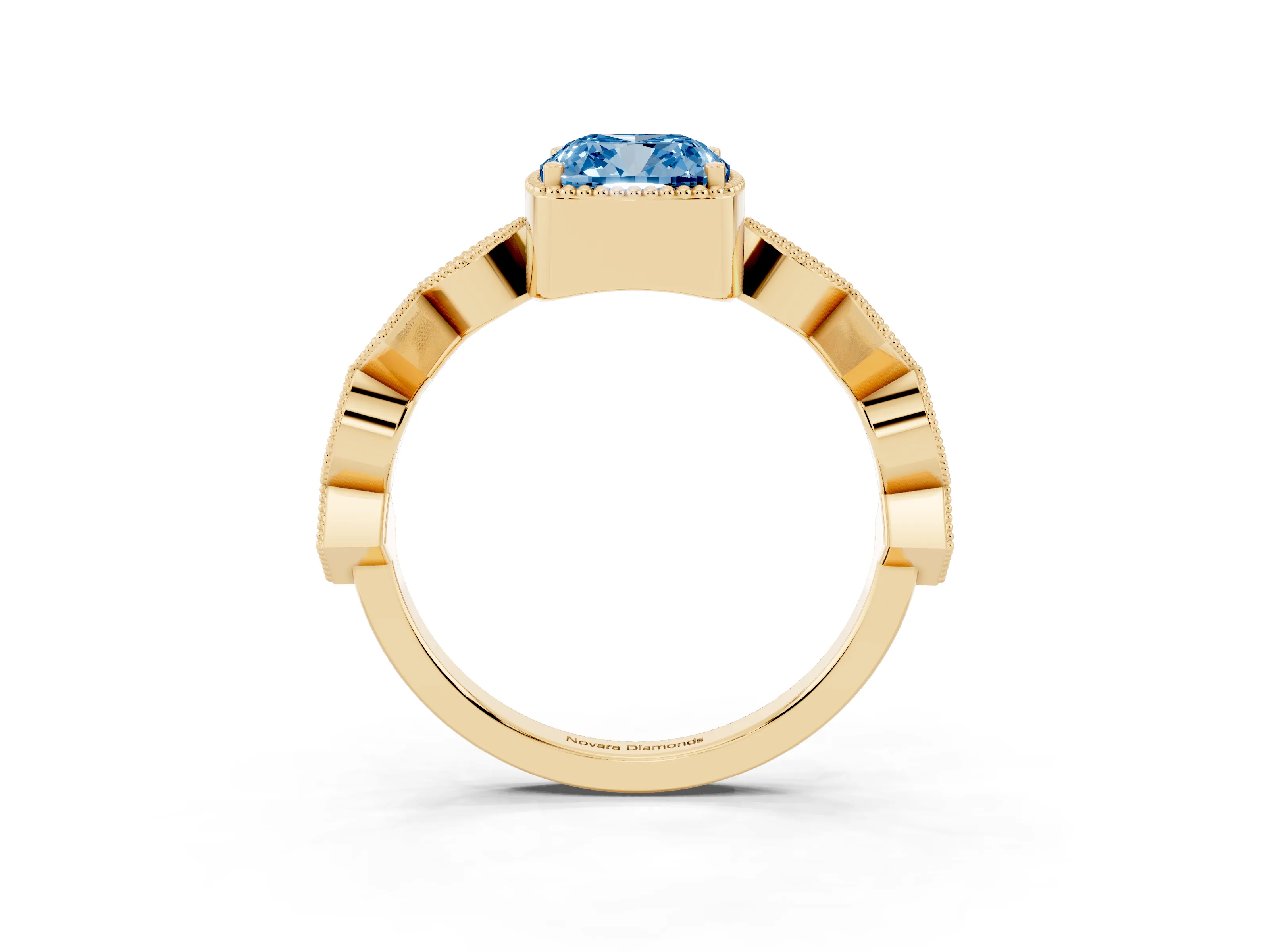 Fancy Blue Cushion Cut Diamond Milgrain Marquise Twist Band Ring Set in Yellow gold with Prong Setting