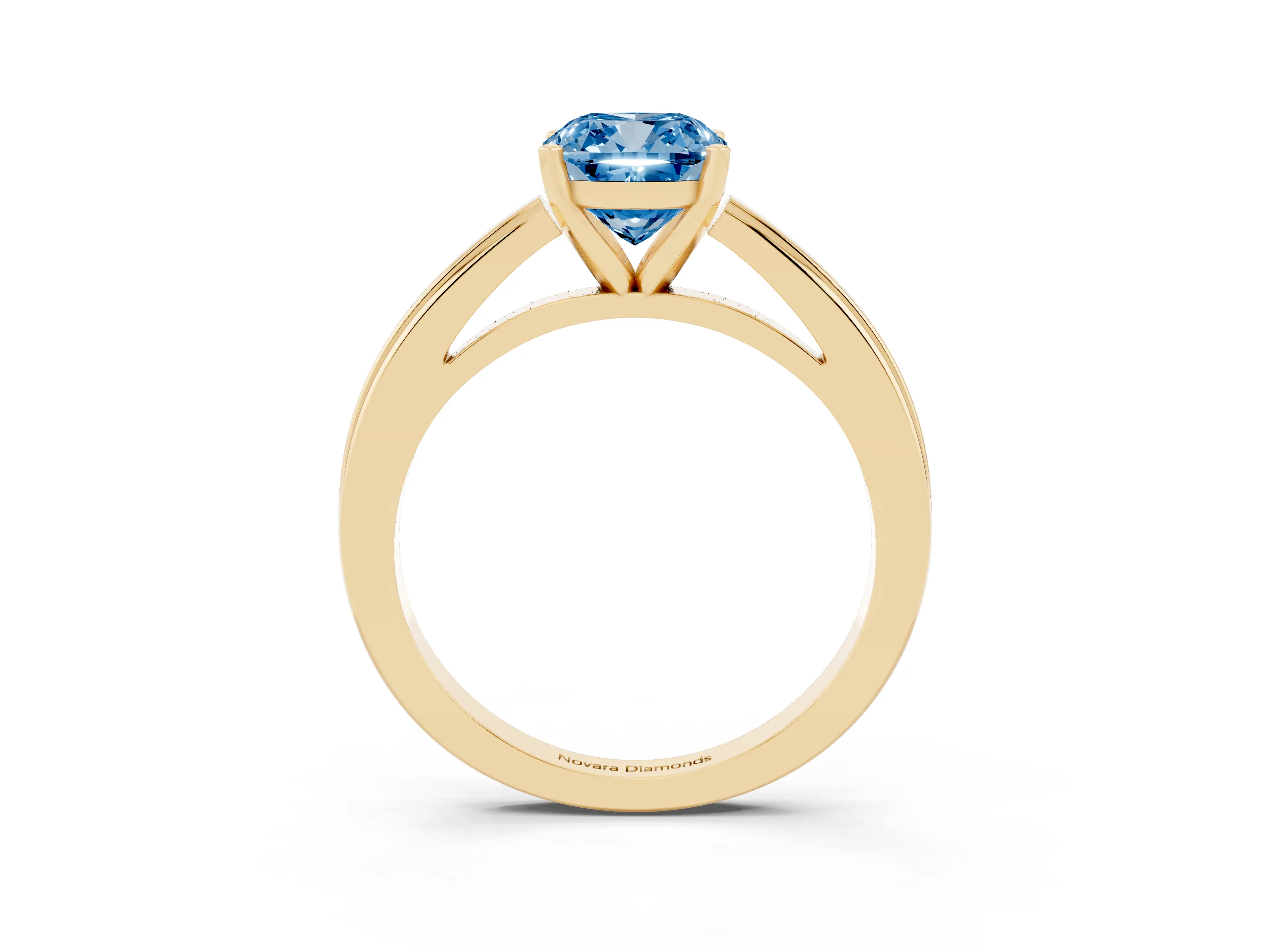 Fancy Blue Cushion Cut Diamond Solitaire Ring Set in Yellow gold with Prong Setting and Classic Band