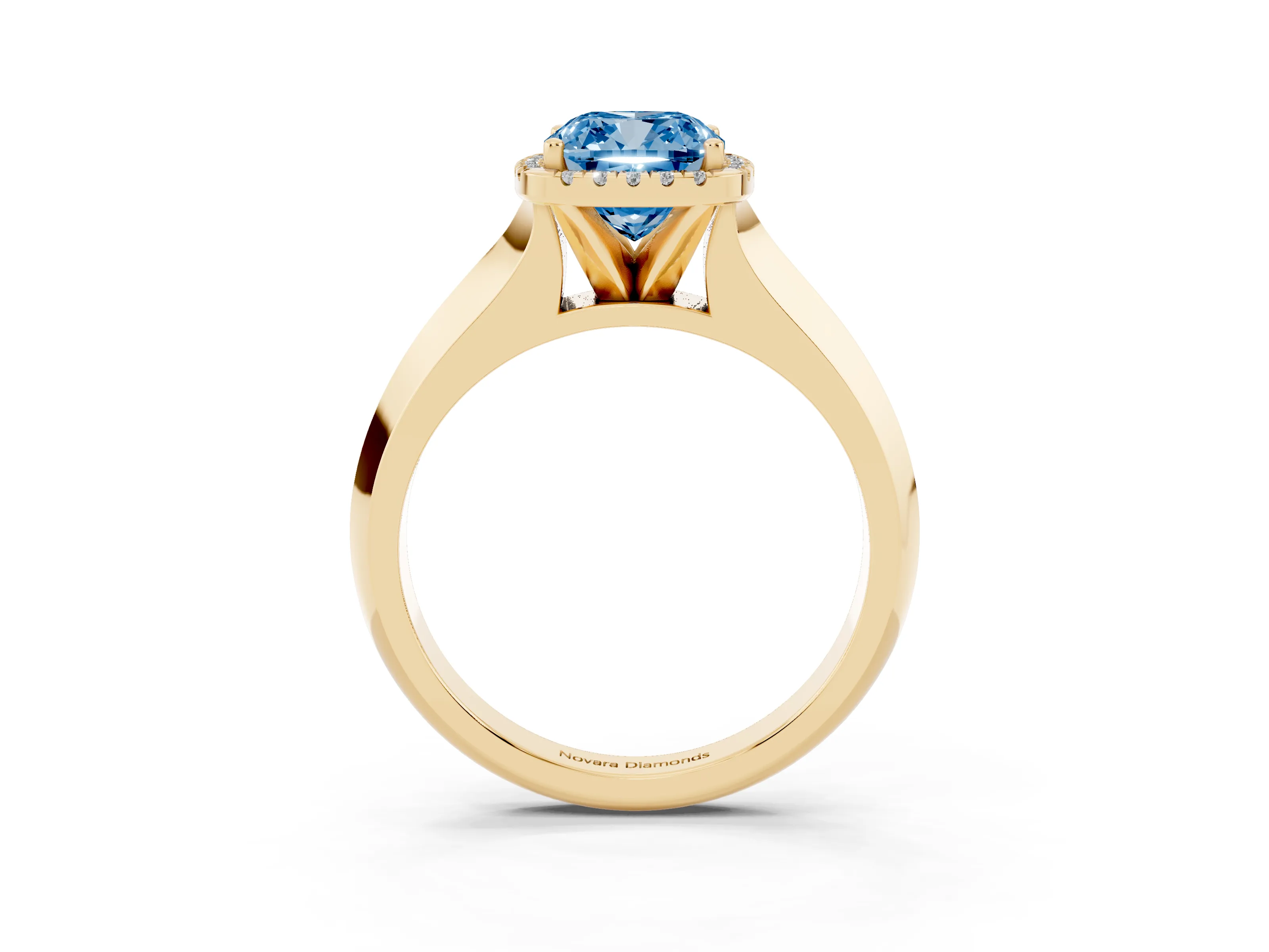 Fancy Blue Cushion Cut Diamond Halo Ring Set in Yellow gold with Cathedral Band and Prong Setting