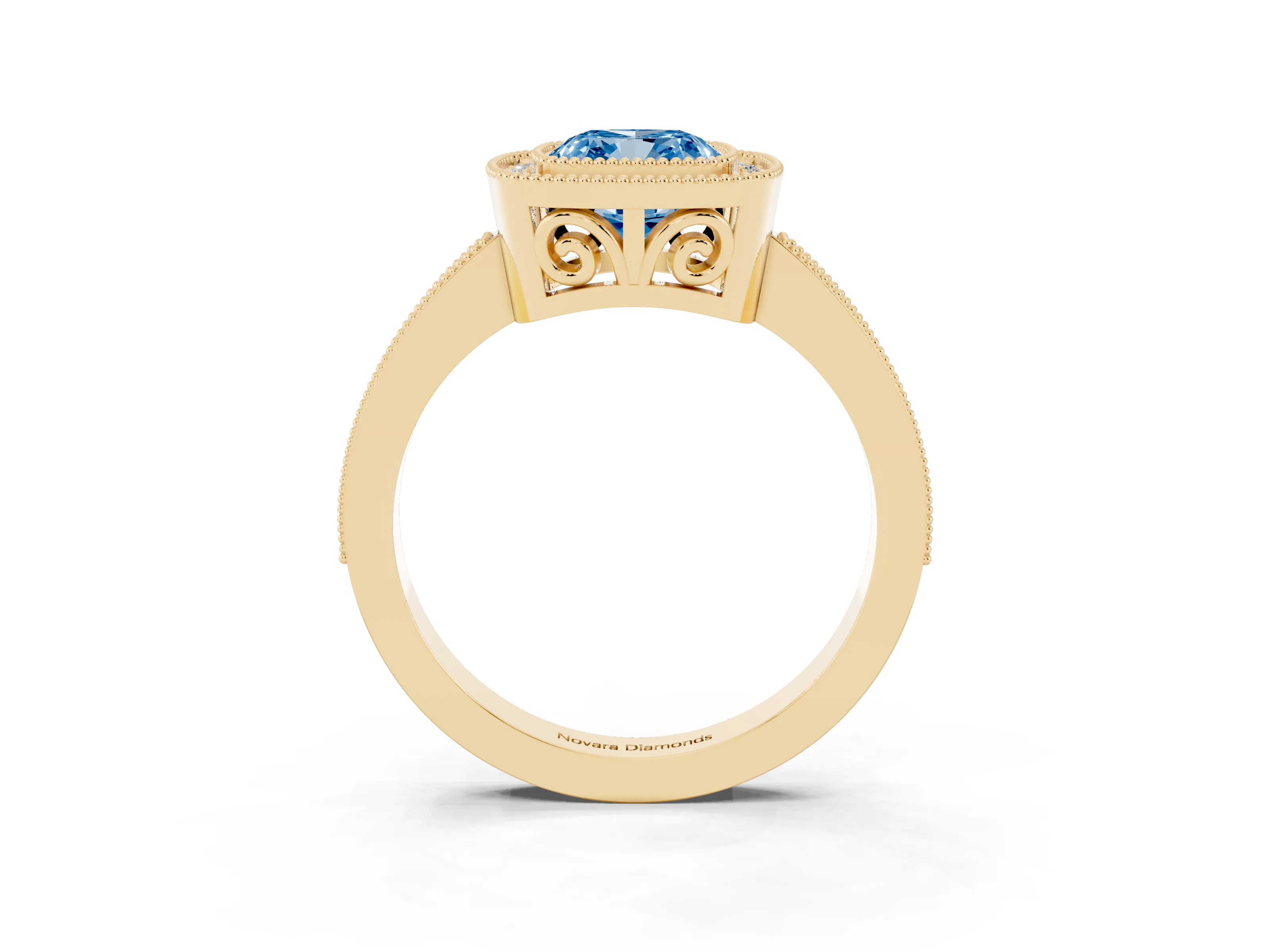 Fancy Blue Cushion Cut Diamond Round Halo Ring Set in Yellow gold with Pavé Band