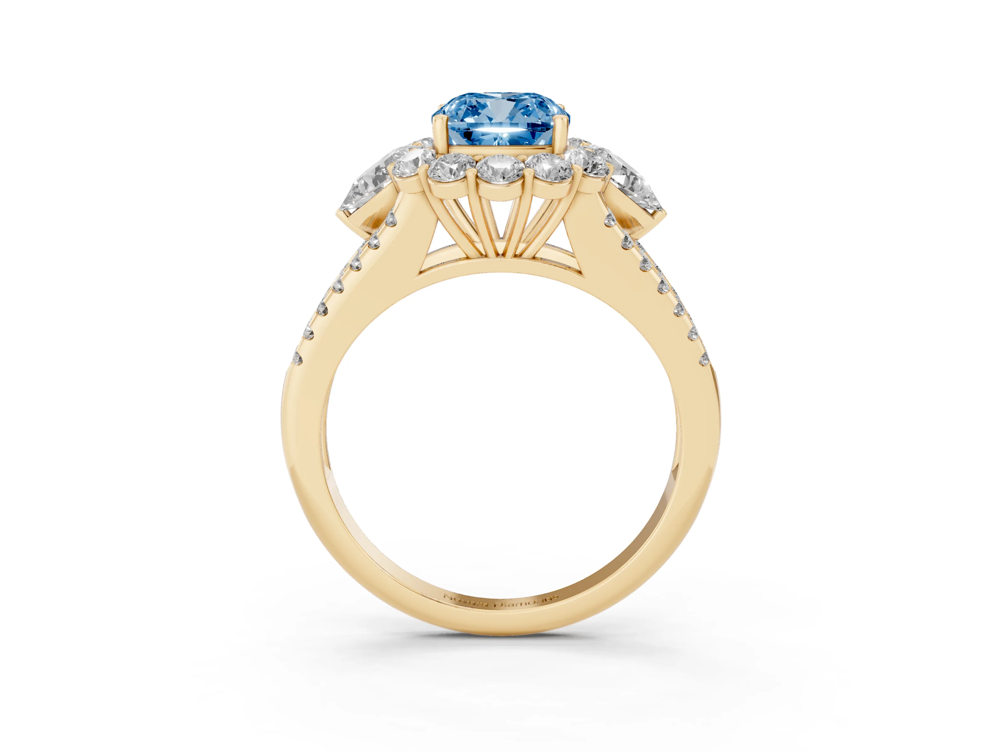 Cushion Cut Scalloped Halo Engagement Ring Setting for a Fancy Blue Lab-Grown Diamond | Pear Side Stones | Yellow Gold