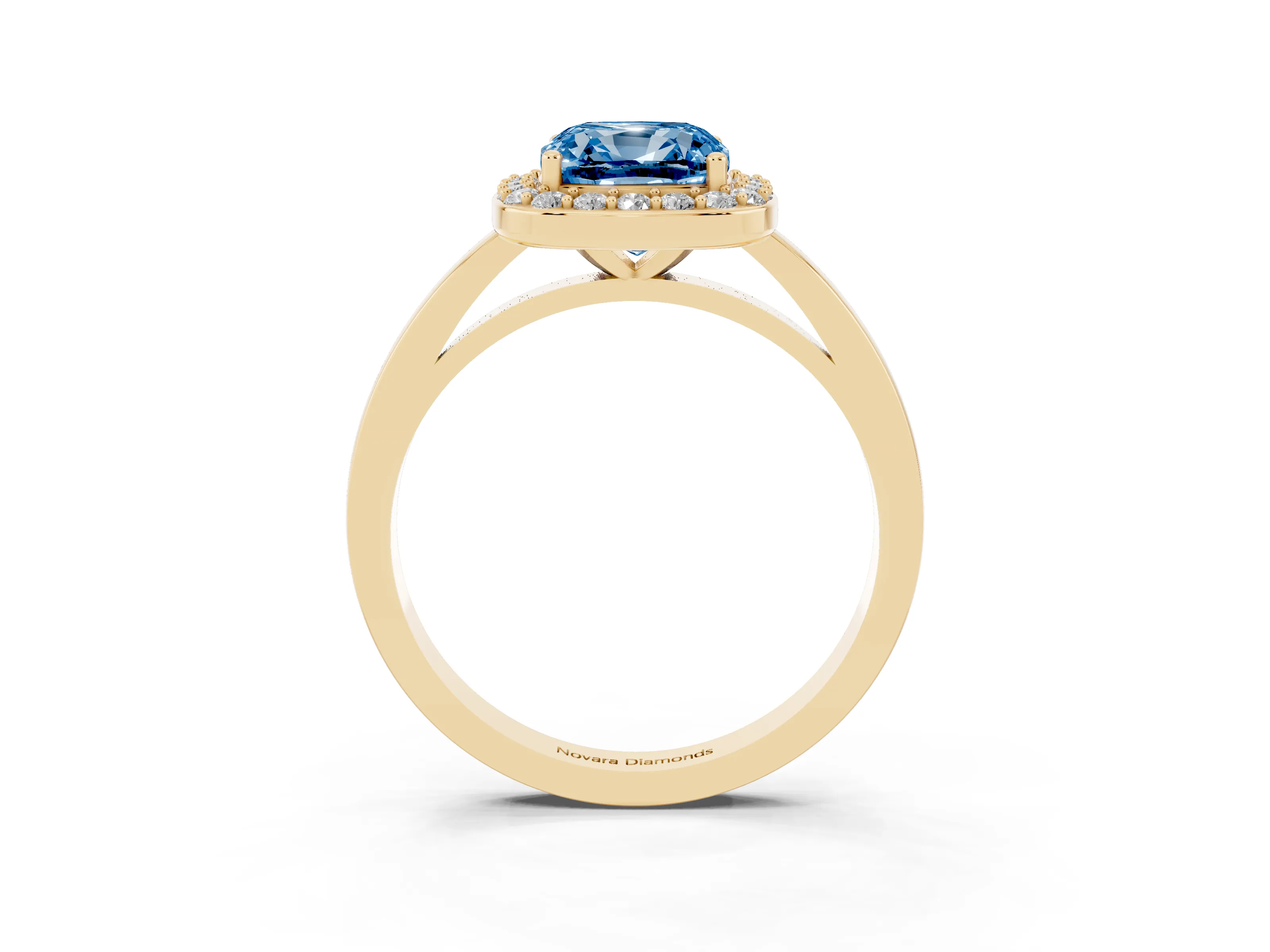 Fancy Blue Cushion Cut Diamond Halo Ring Set in Yellow gold with Solitaire Band and Prong Setting
