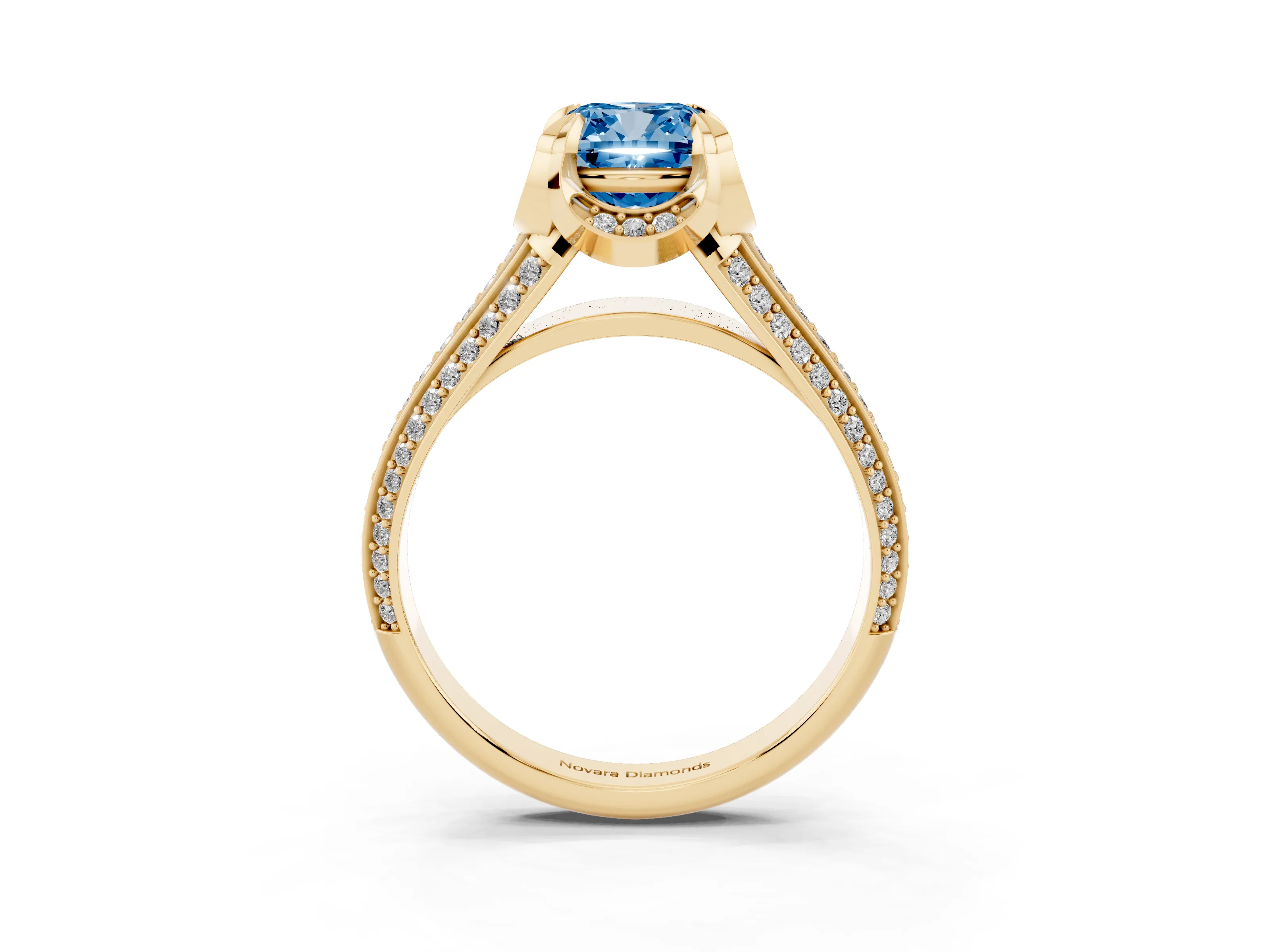 Fancy Blue Cushion Cut Diamond Pavé Split Shank Solitaire Ring Set in Yellow gold with Prong Setting