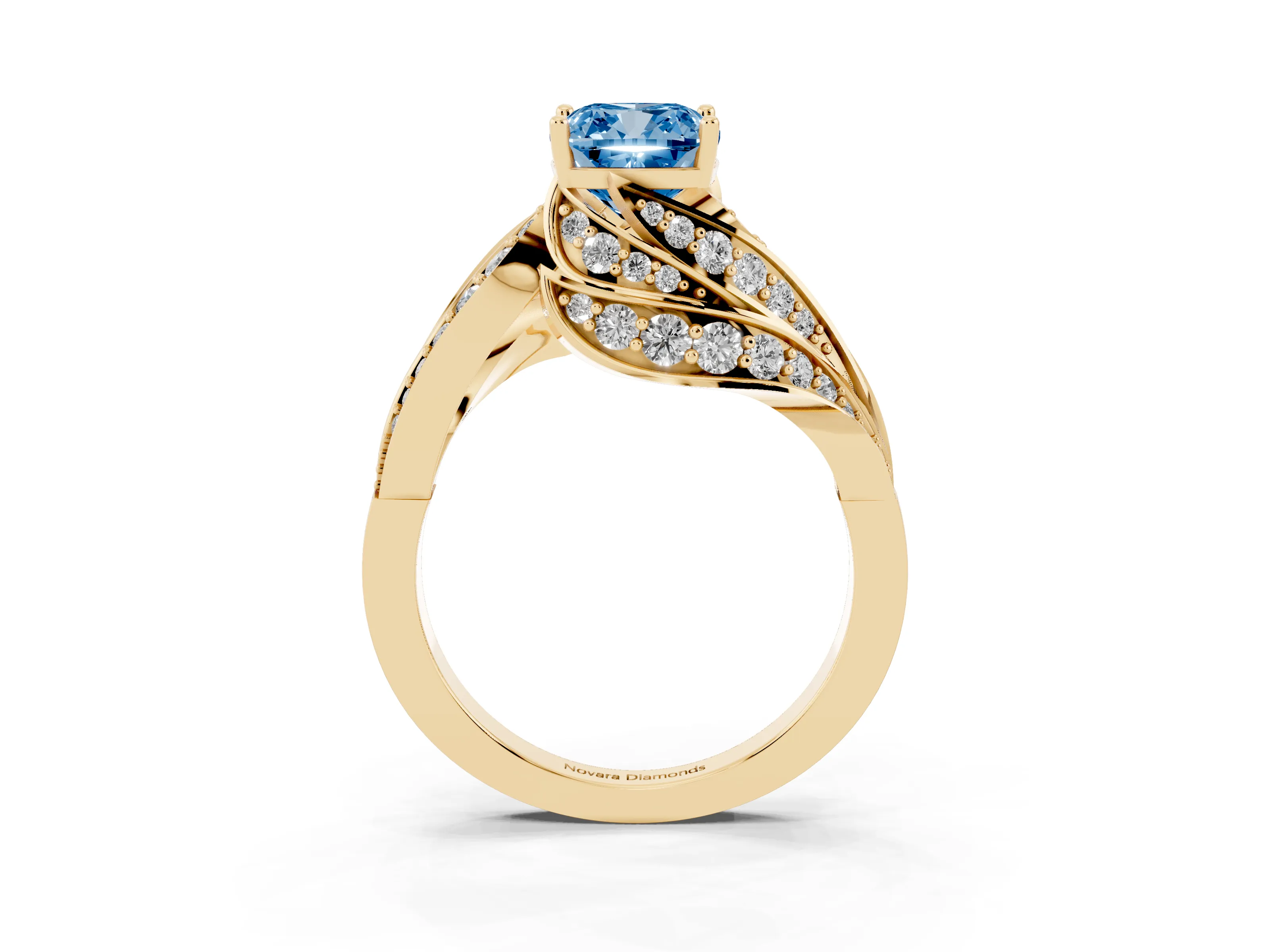Fancy Blue Cushion Cut Diamond Solitaire Ring Set in Yellow gold with Layered Twist Pavé Band