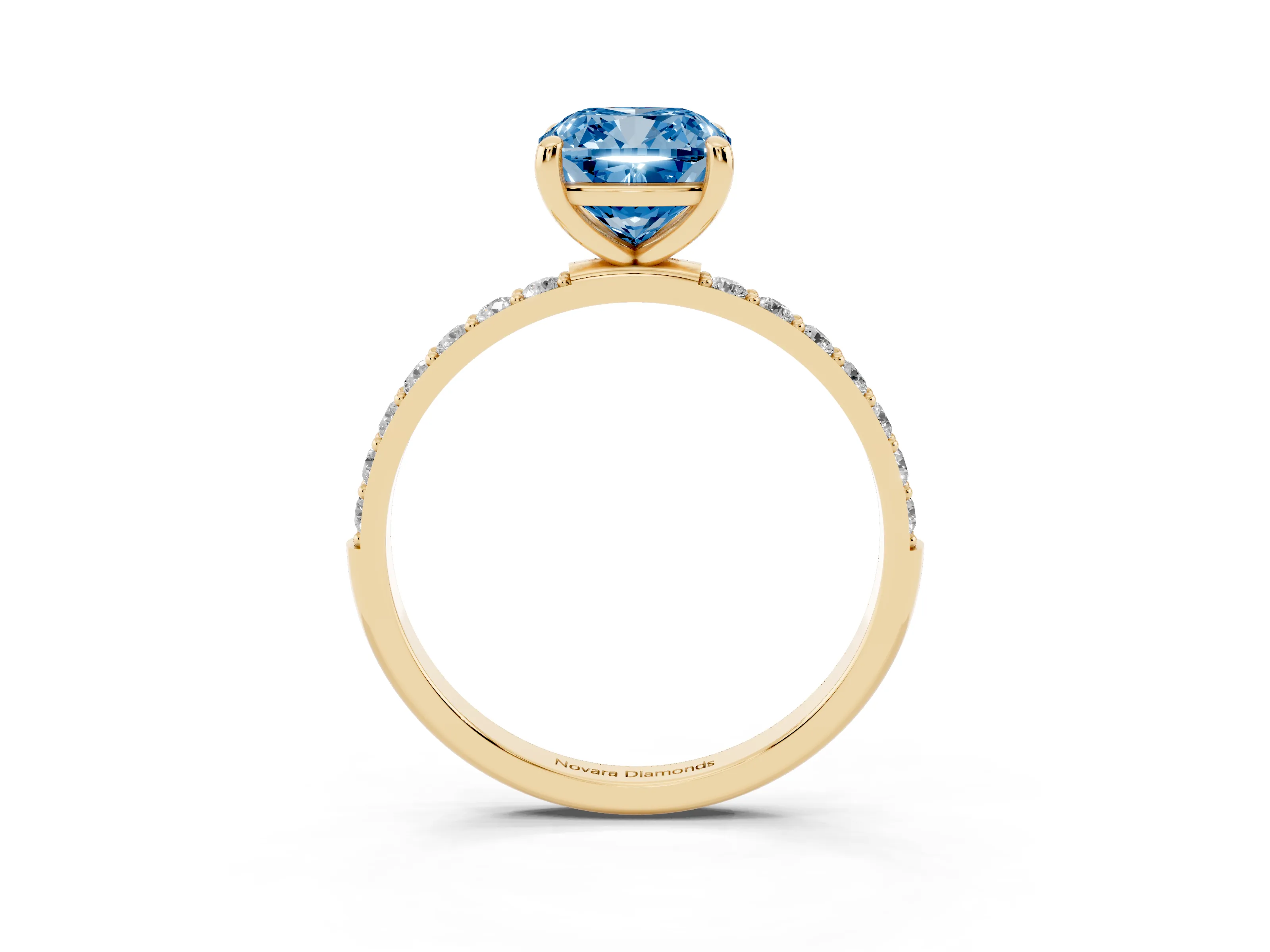 Fancy Blue Cushion Cut Diamond Solitaire Ring Set in Yellow gold with Round Pavé Band and Prong Setting
