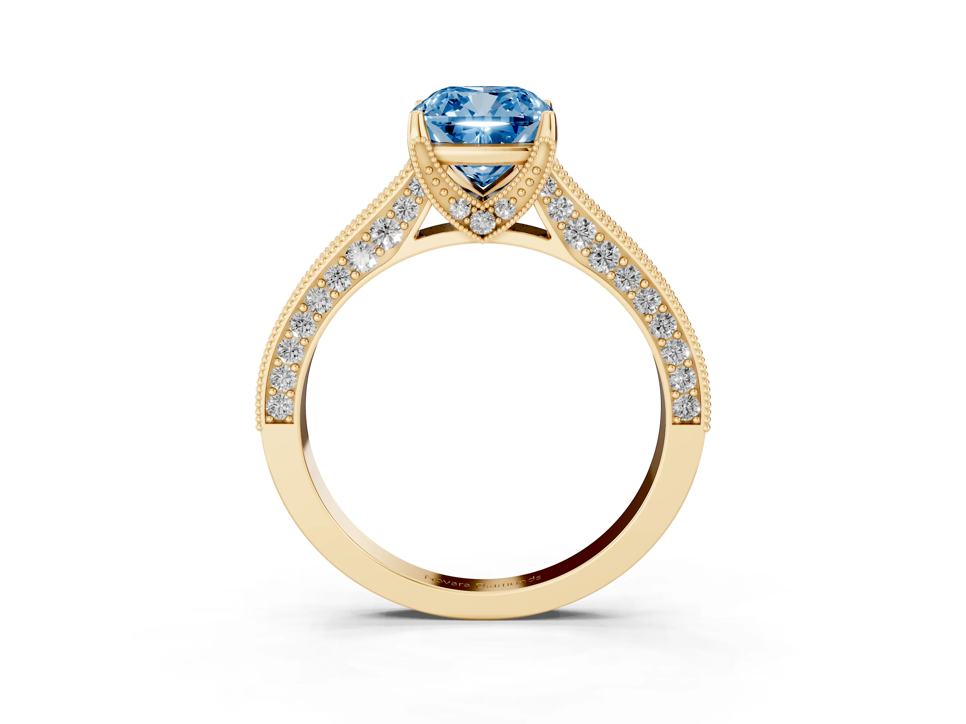 Fancy Blue Cushion Cut Diamond Solitaire Ring Set in Yellow gold with Milgrain-Edged Pavé Band and Prong Setting