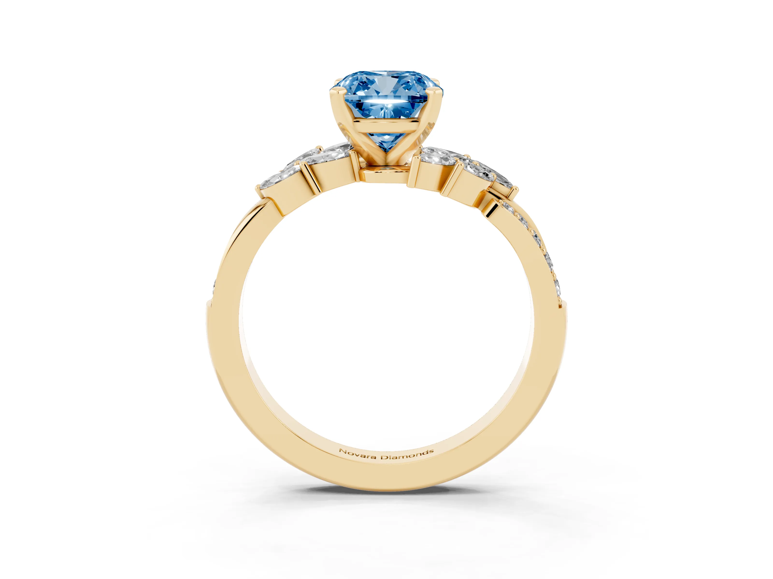 Fancy Blue Cushion Cut Diamond Solitaire Ring Set in Yellow gold with Marquise Twist Band and Prong Setting