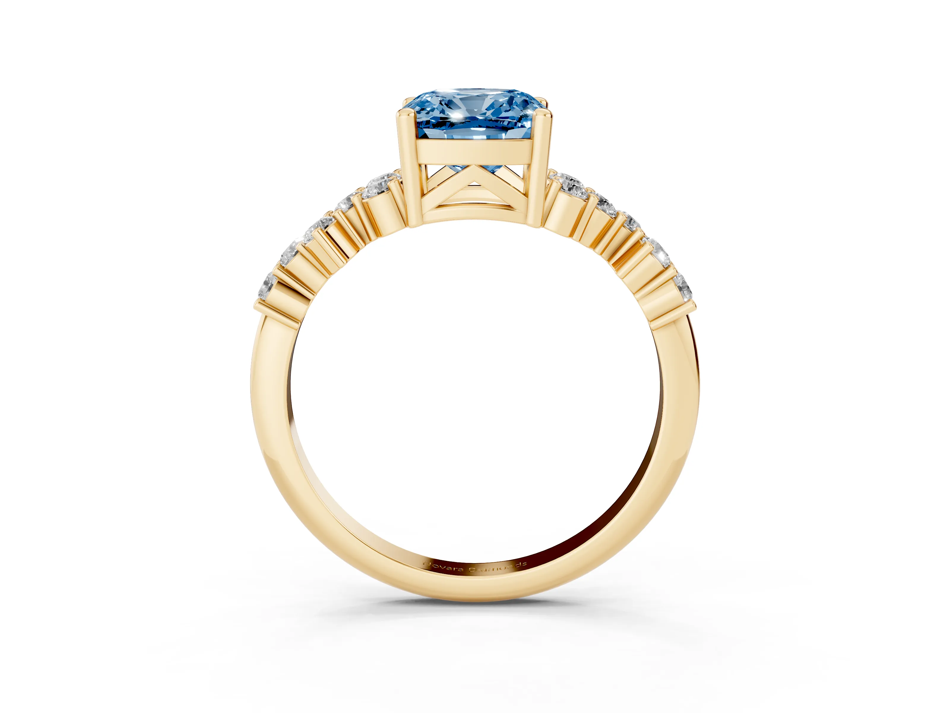Fancy Blue Cushion Cut Diamond Ring Set in Yellow gold with Scattered Round Accents