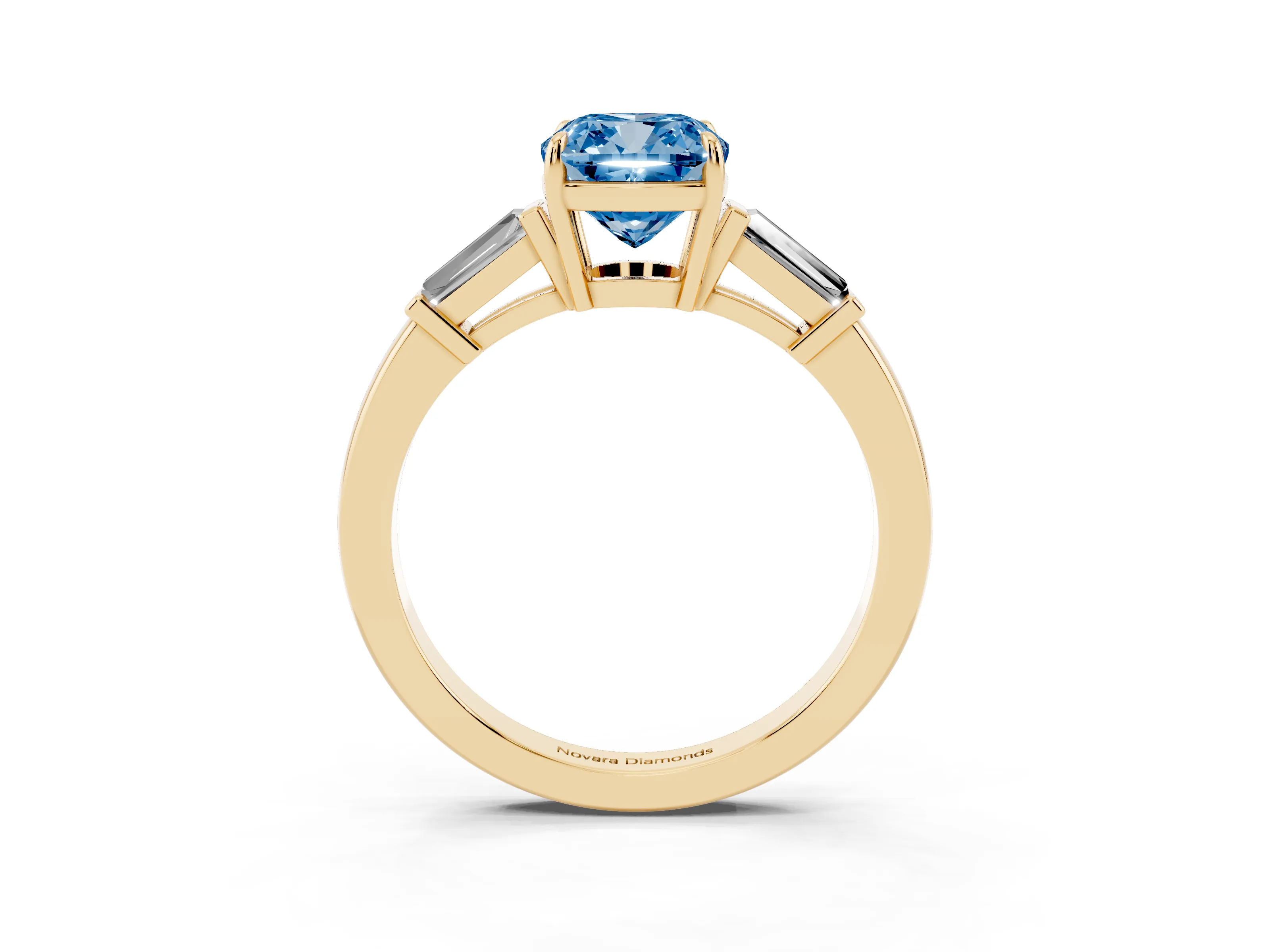 Fancy Blue Cushion Cut Diamond Three-Stone Ring Set in Yellow gold with Tapered Baguette Side Stones and Prong Setting