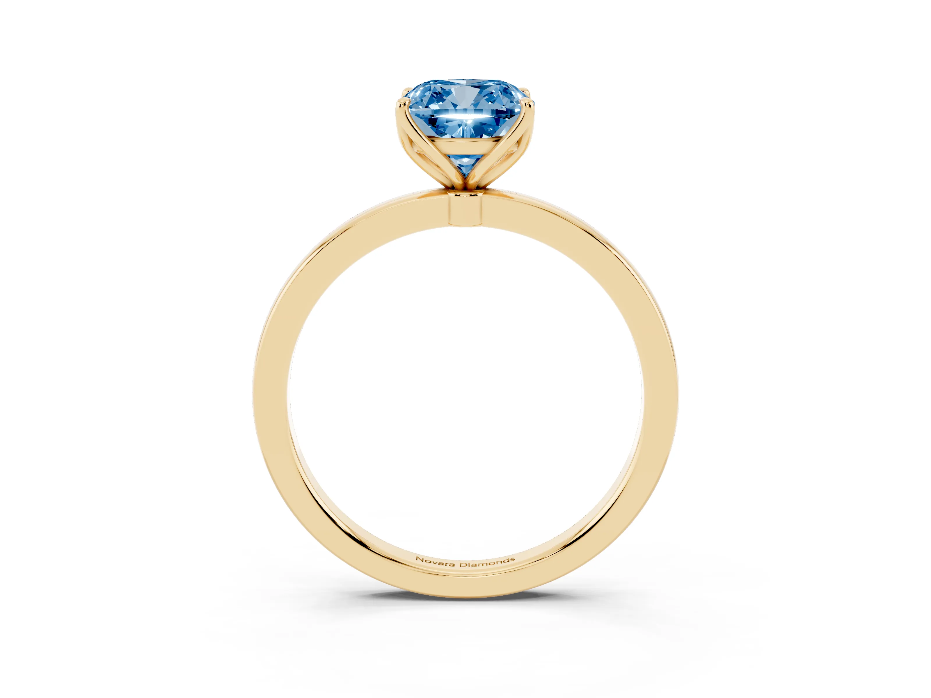Fancy Blue Cushion Cut Diamond Solitaire Ring Set in Yellow gold with Prong Setting and Thin Polished Band