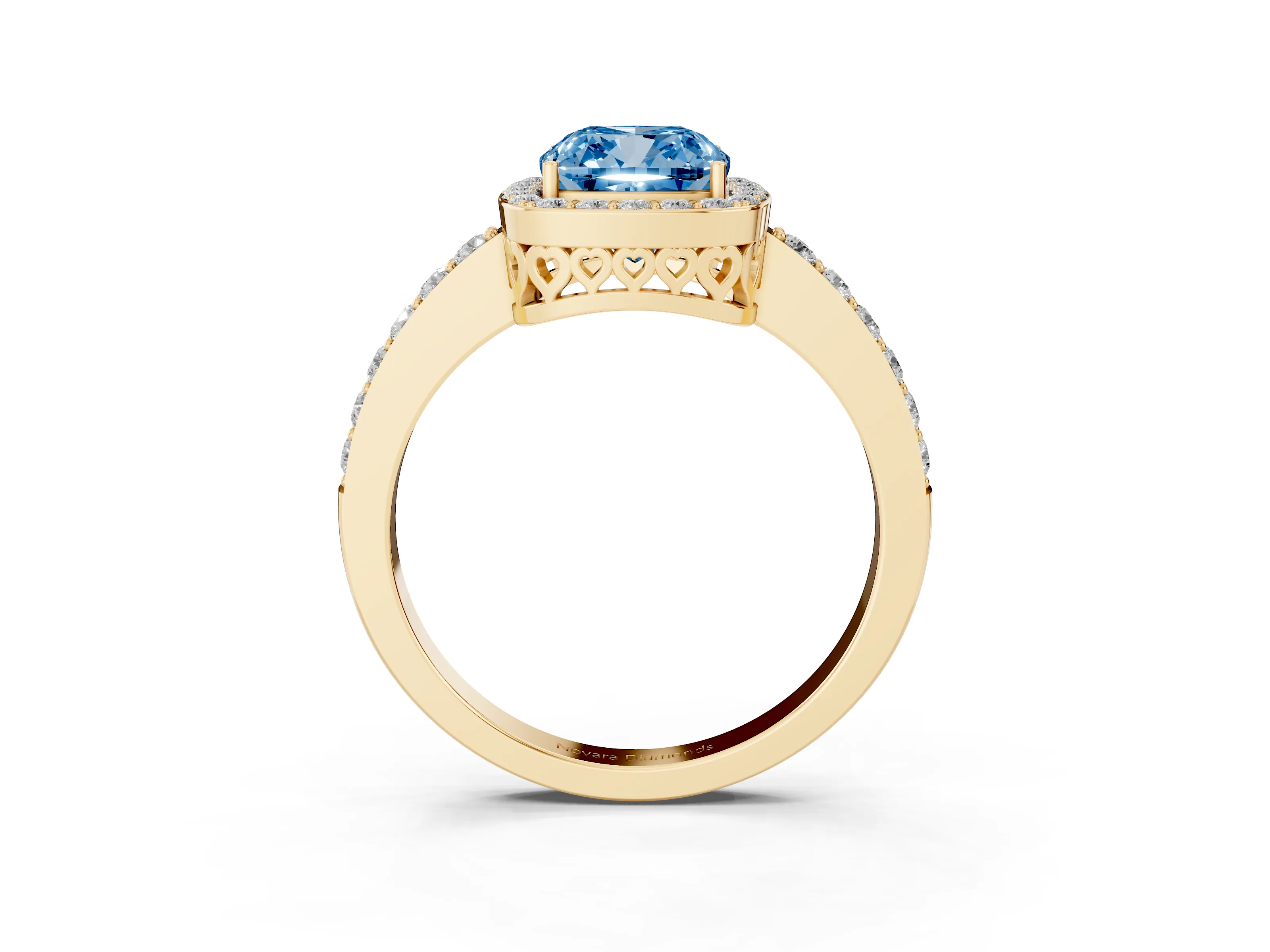 Fancy Blue Cushion Cut Diamond Halo Ring Set in Yellow gold with Pavé-Setting Band and Open Prong Center