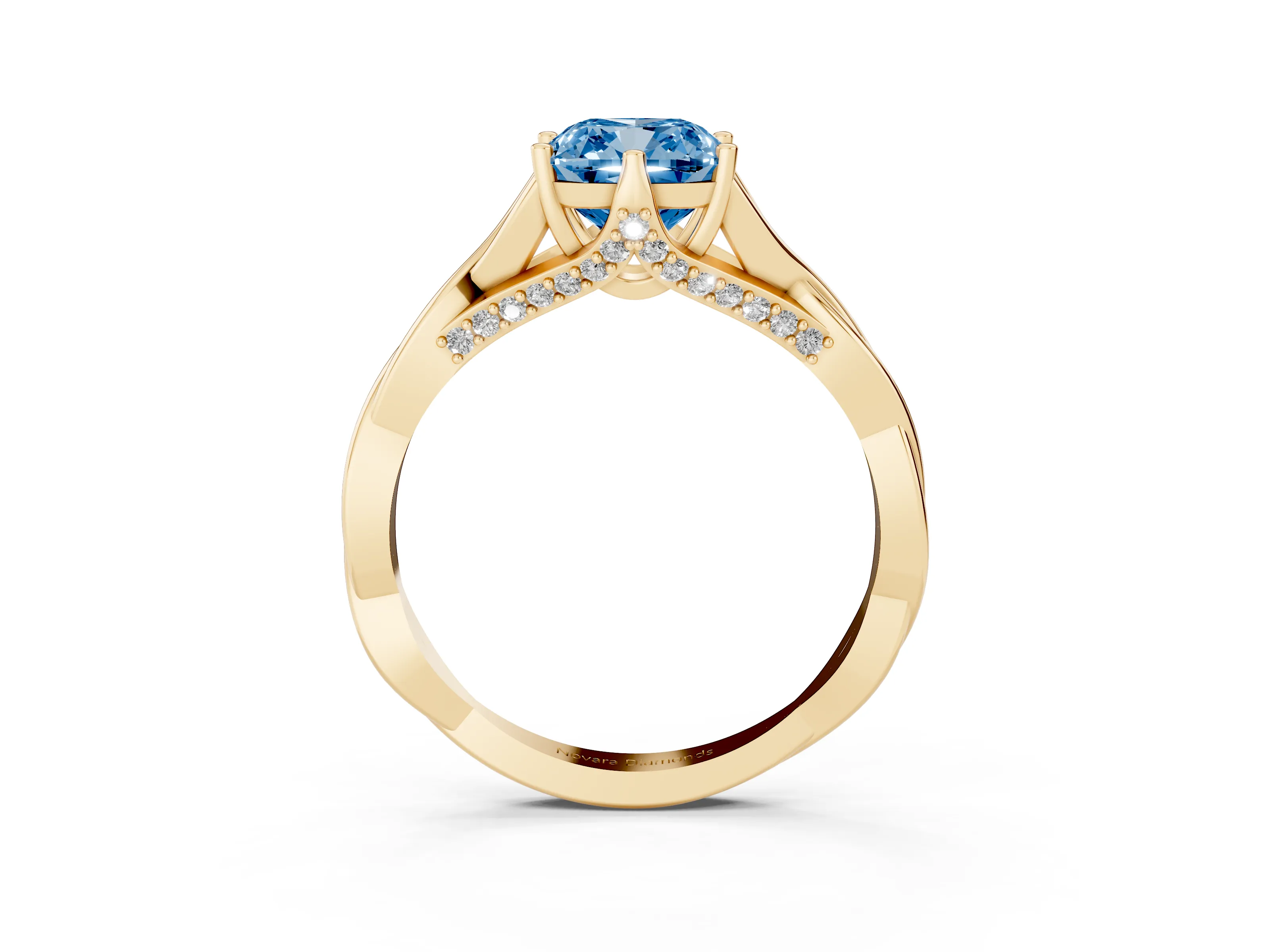 Fancy Blue Cushion Cut Diamond Intertwined Twist Band Solitaire Ring Set in Yellow gold with Prong Setting
