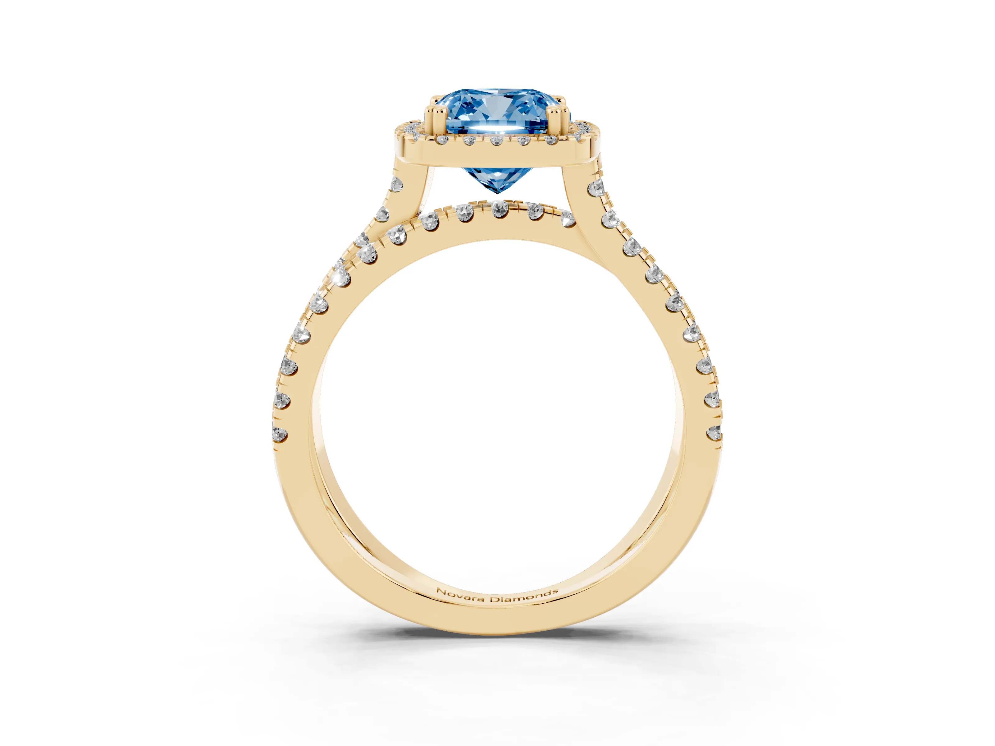 Fancy Blue Cushion Cut Diamond Halo Split Shank Ring Set in Yellow gold with Pavé Setting
