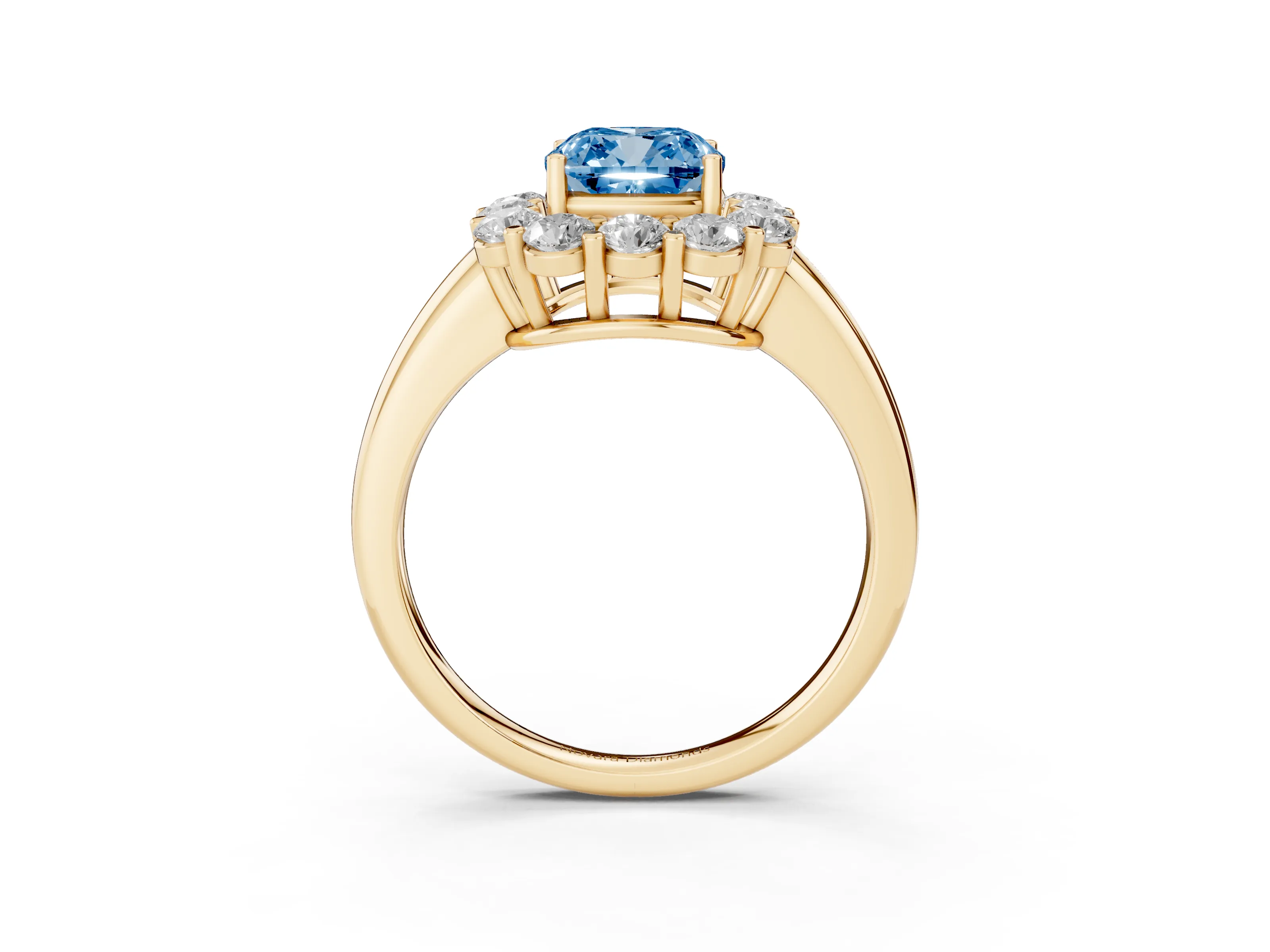 Fancy Blue Cushion Cut Diamond Halo Cluster Engagement Ring Set in Yellow gold with Polished Band and Prong Setting