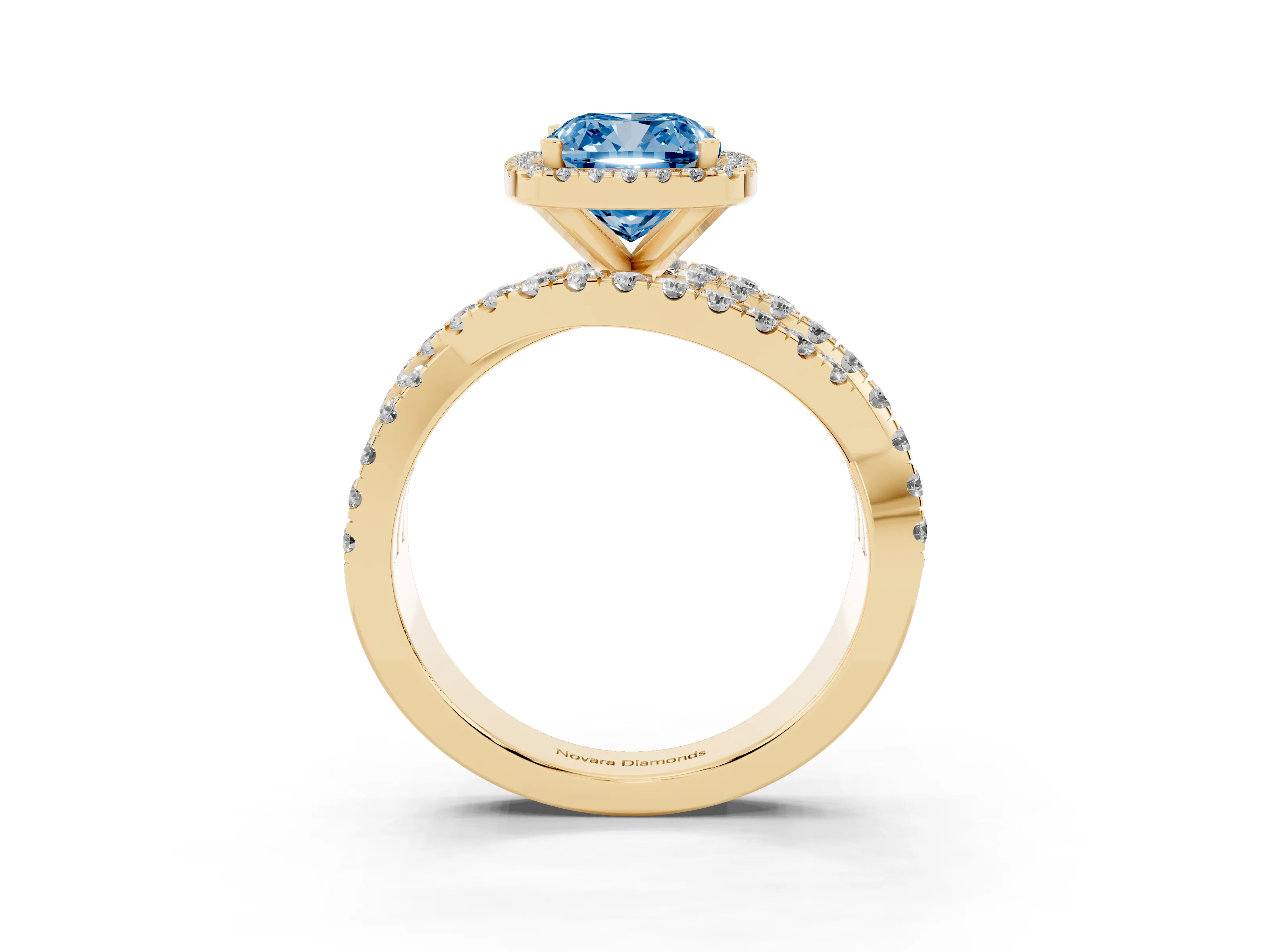 Fancy Blue Cushion Cut Diamond Halo Ring Set in Yellow gold with Round Crossover Split Shank and Prong Setting