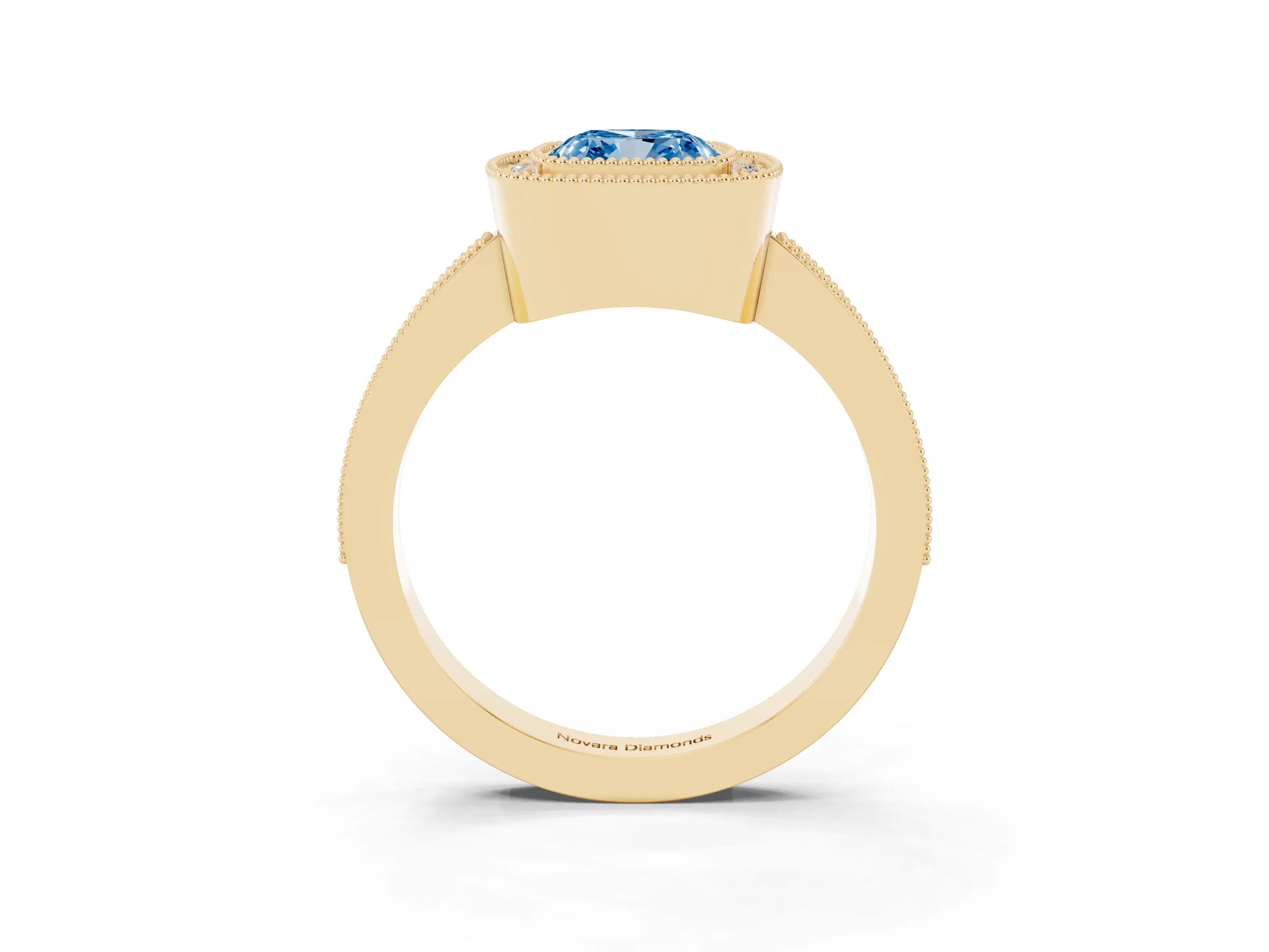 Fancy Blue Cushion Cut Diamond Halo Engagement Ring Set in Yellow gold with Pavé Band and Round Halo Stones