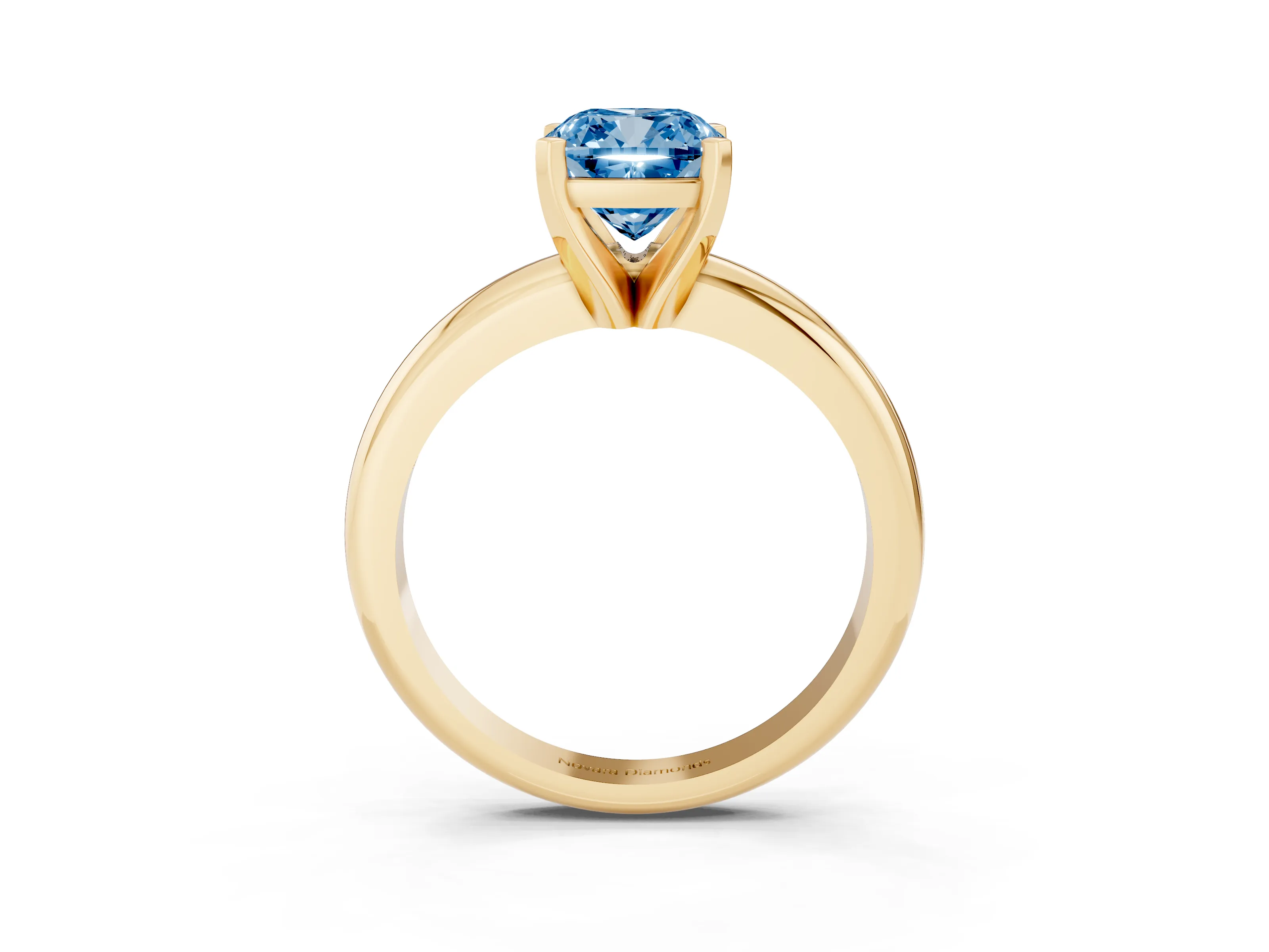 Fancy Blue Cushion Cut Diamond Solitaire Engagement Ring Set in Yellow gold with Round Band and Prong Setting