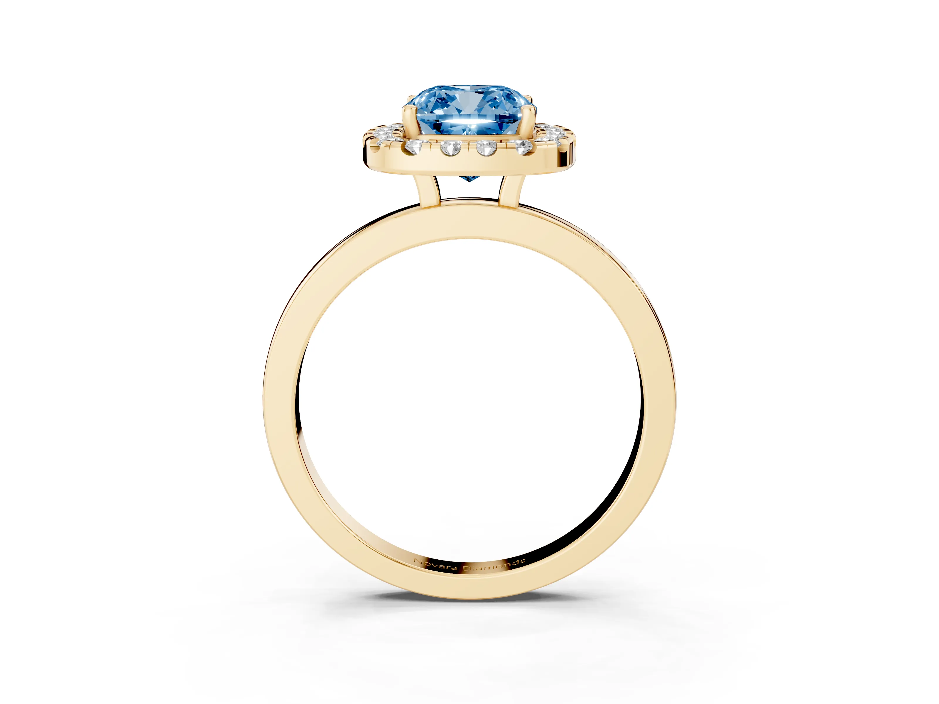 Fancy Blue Cushion Cut Diamond Halo Solitaire Ring Set in Yellow gold with Pavé Band and Prong Setting