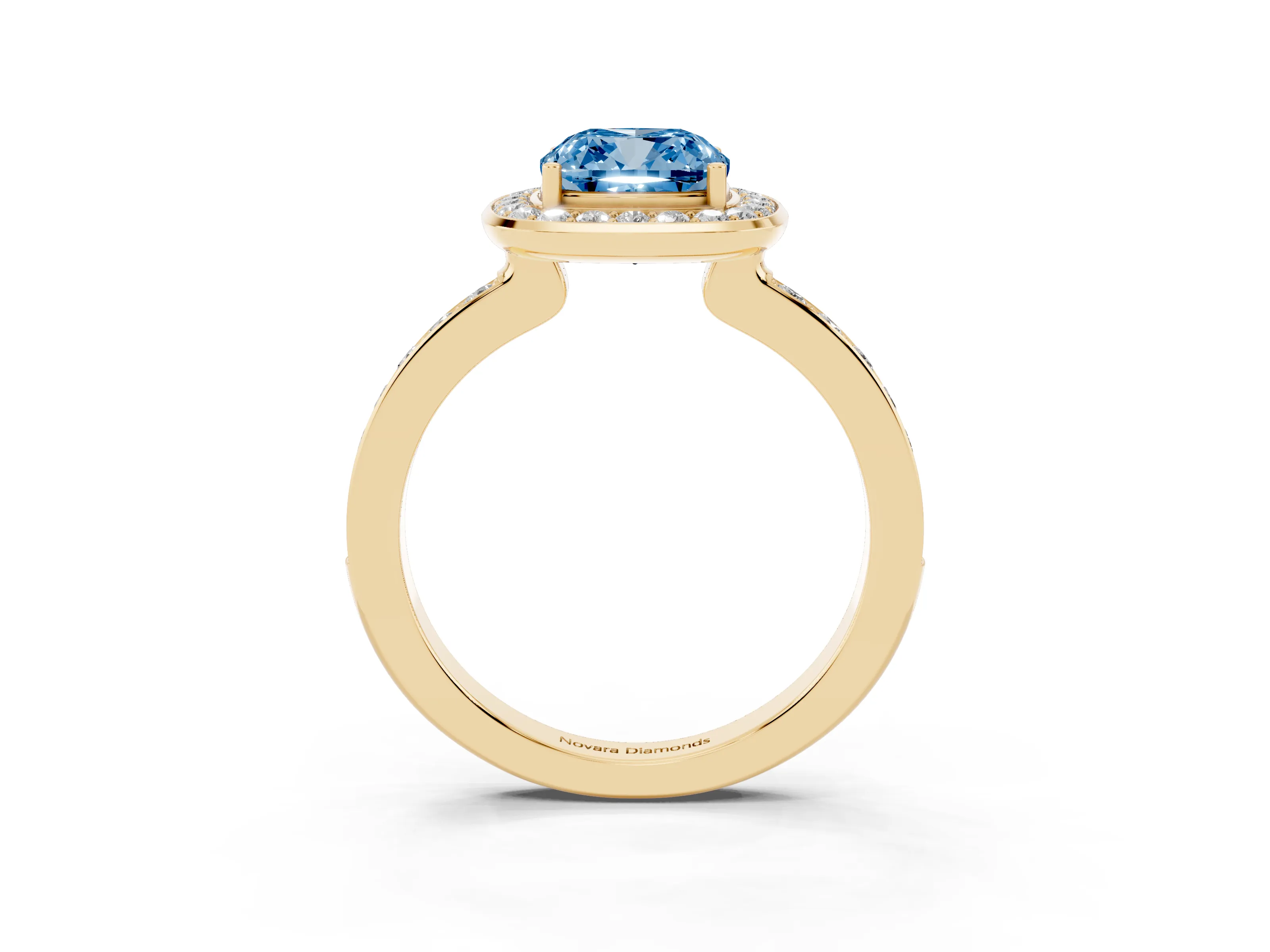 Fancy Blue Cushion Cut Diamond Halo Ring Set in Yellow gold with Bezel Frame and Pavé Band