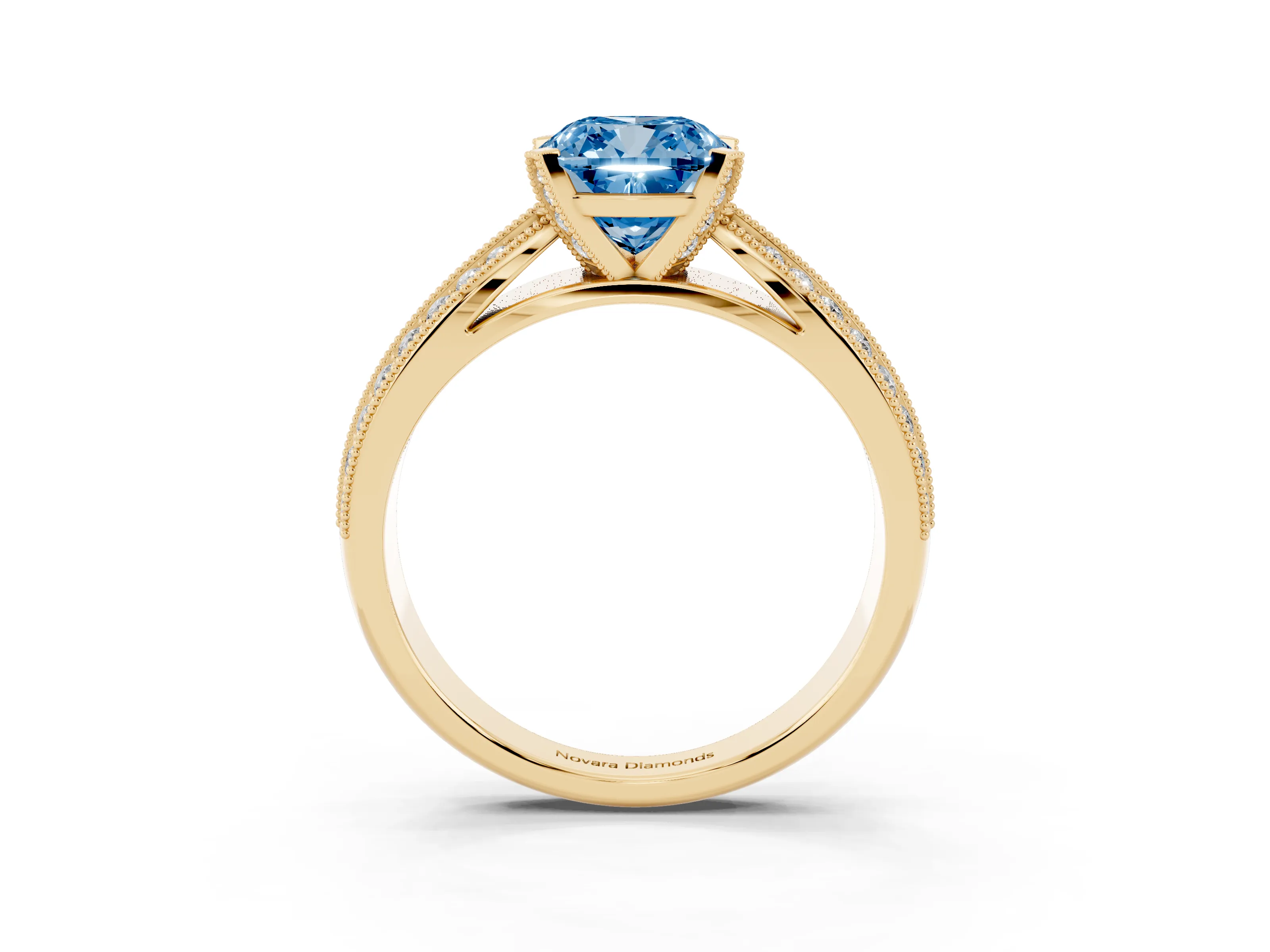 Fancy Blue Cushion Cut Diamond Solitaire Ring Set in Yellow gold with Milgrain Double Row Round Pavé Band
