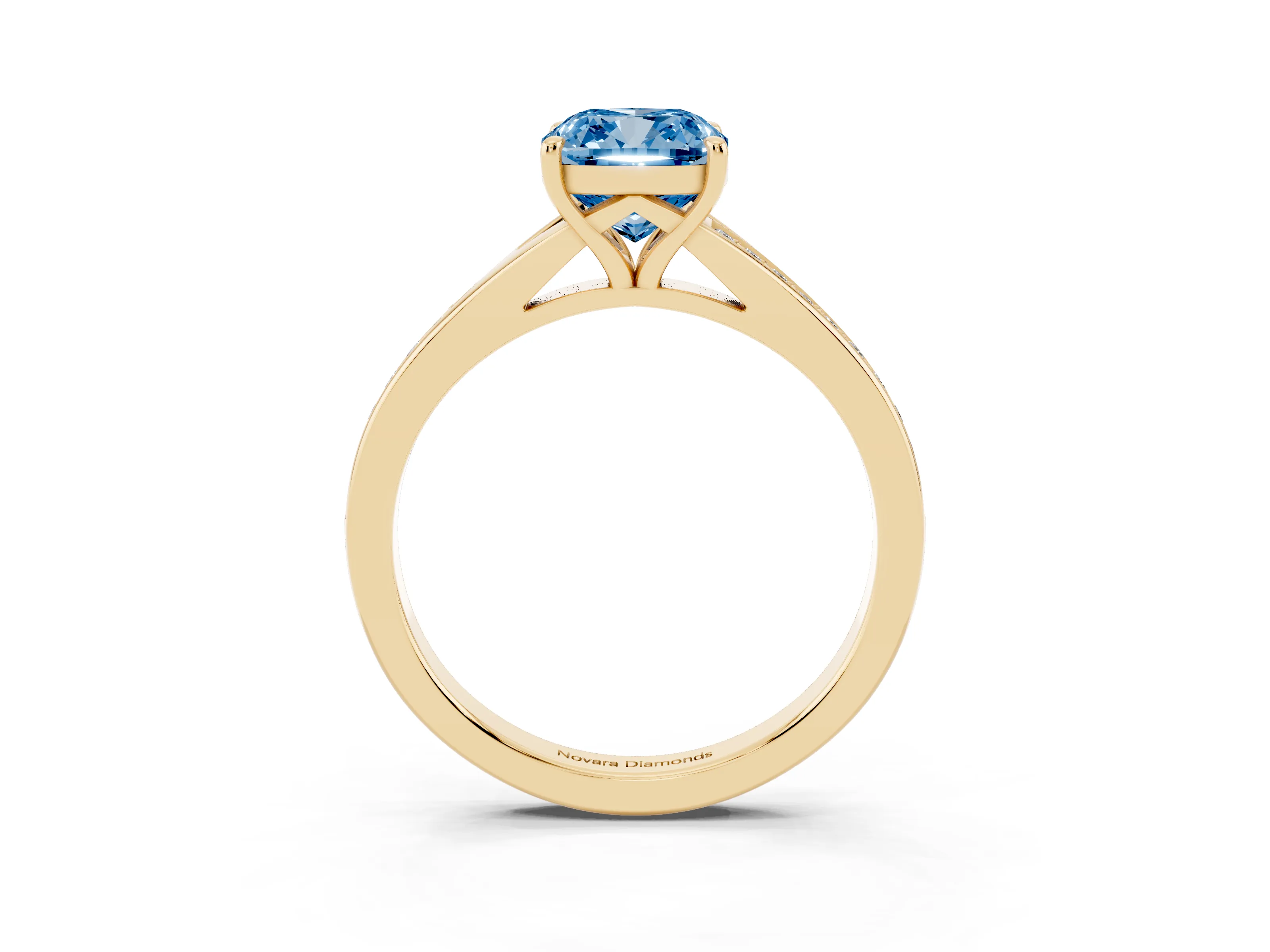 Fancy Blue Cushion Cut Diamond Solitaire Ring Set in Yellow gold with Pavé Accent Band and Classic Prong Setting